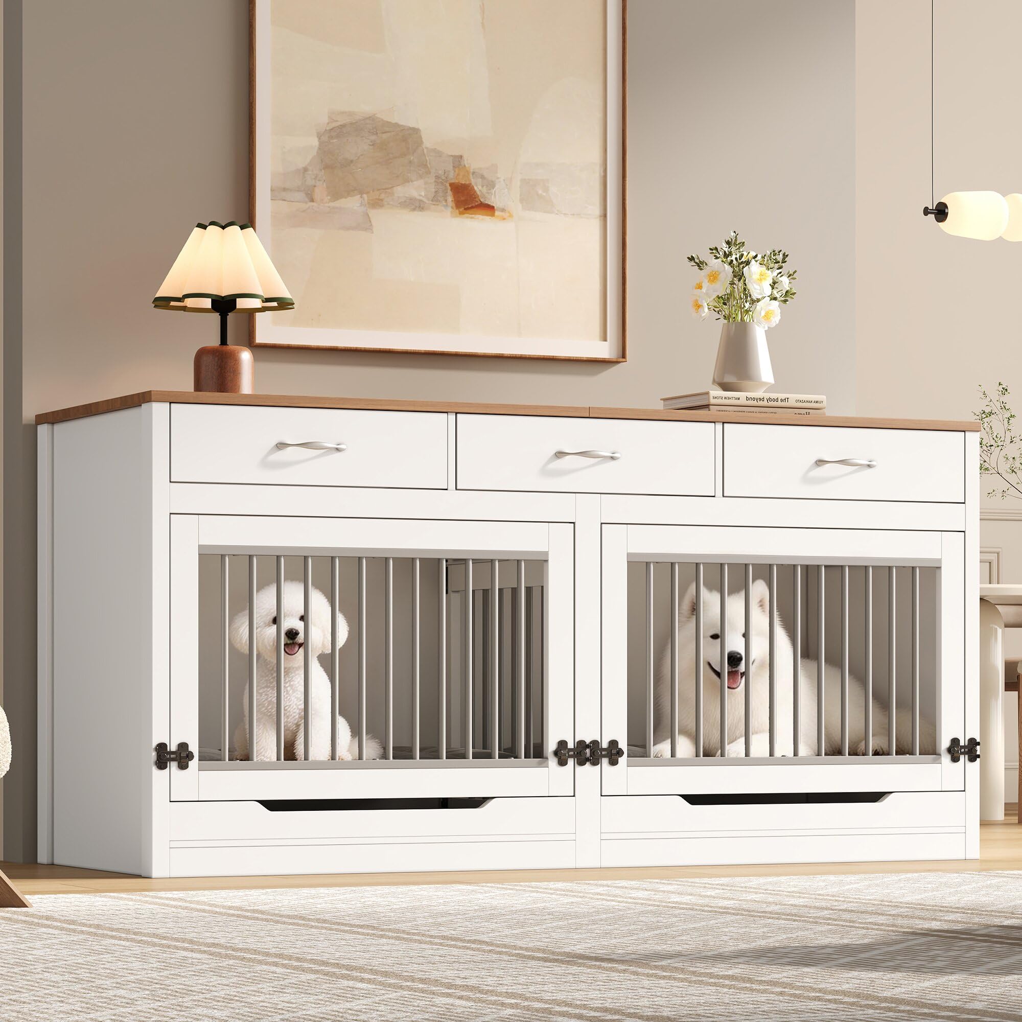 Merax Hundebox für 2 Hunde oder 1 großen Hund, Hundekäfig für Zuhause mit herausnehmbarer Trennwand, hochklappbarer Tür und 3 Schubladen, Hundehütte Indoor, 164 x 60 x 81 cm, Weiß/Holzoptik
