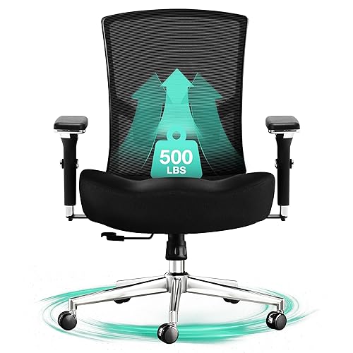 Big and Tall Office Chair 500lbs, Ergonomic Oversize Mesh Desk Chair, Heavy Duty High Back Computer Chair with Wide Thick Seat Cushion, Adjustable Lumbar Support, 4D Armrests - Black - 4D Armrests