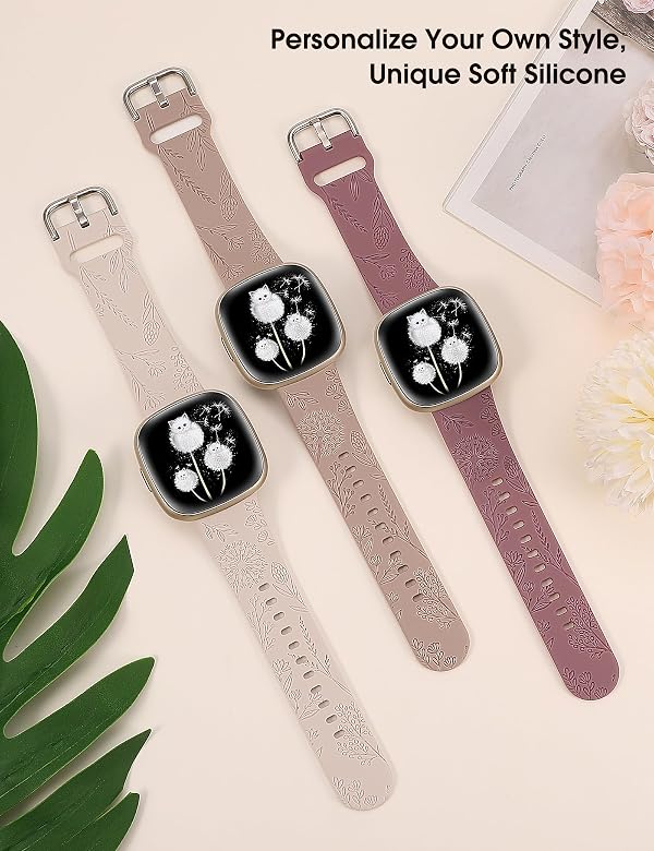 Minyee 3 Packs Floral Engraved Band Compatible with Fitbit Versa 4/Versa 3/Sense 2/Sense Band Women, Cute Soft Silicone Dandelion Flower Pattern Sport Designer Fancy Summer Strap for Versa 4 by Minyee - Image 2