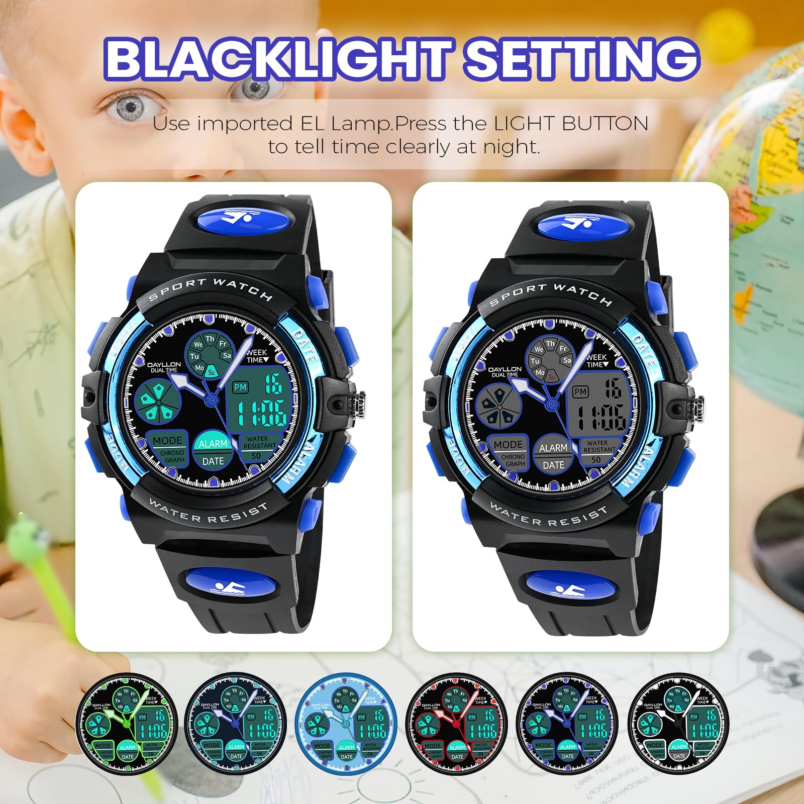 Dayllon Orologi per bambini, ragazzi età 5-15, orologio analogico digitale per bambini, blu, Blu
