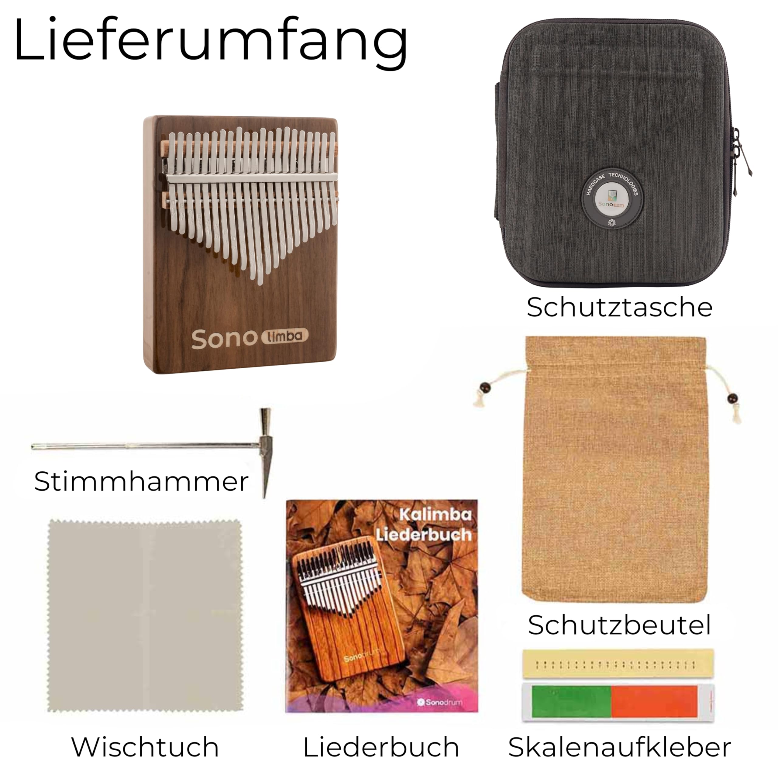 Kalimba "Sonolimba" mit 21 Schlüsseln in C - Dur aus Walnussholz - Daumenklavier inkl. Set mit Liederbuch, Schutztasche, Stimmhammer und weiteres. Kalimba Instrument für Kinder und Erwachsene