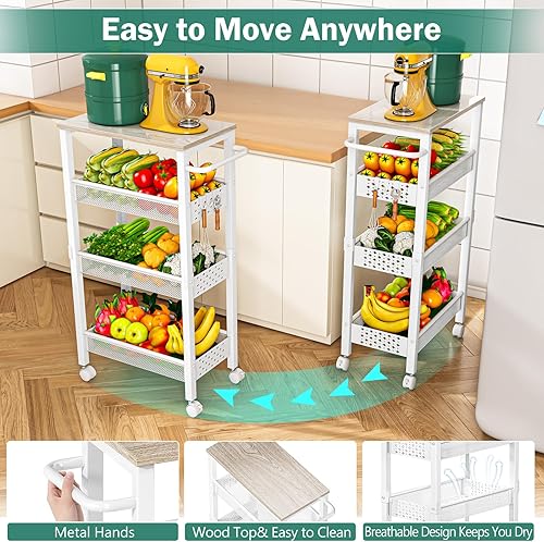 Miniatura 7 de Carrito de Almacenamiento Utilitario Delgado con Ruedas, Carrito Rodante Pequeño de 4 Niveles con Superficie de Madera, Carrito Organizador de Metal