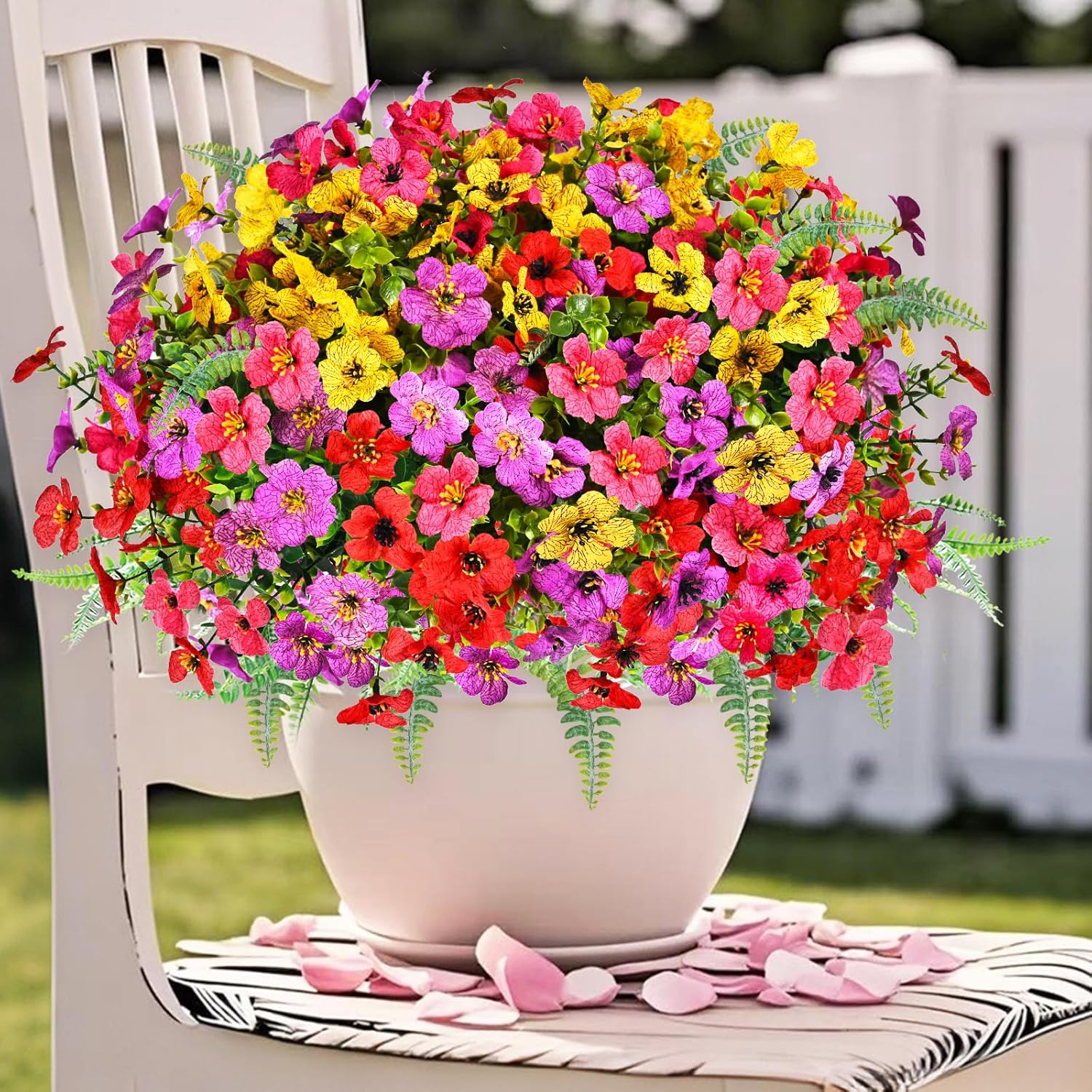 Artificial Faux Plants Flowers Outdoor Decoration,16 Bundles Fake Silk Colorful Daisy Eucalyptus Realistic UV Resistant for Outside Home Planter Porch Patio Yard Decor (Mix Purple Pink Yellow Red)