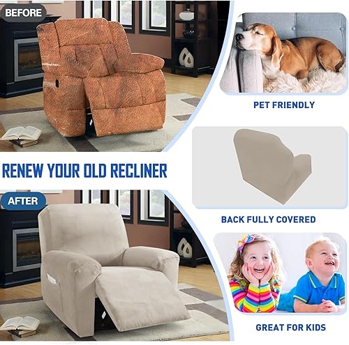 Vista 42 de MAXIJIN - Funda para sillón reclinable de terciopelo de 4 piezas, elástica, afelpada, gruesa y suave, con bolsillo lateral (camello)