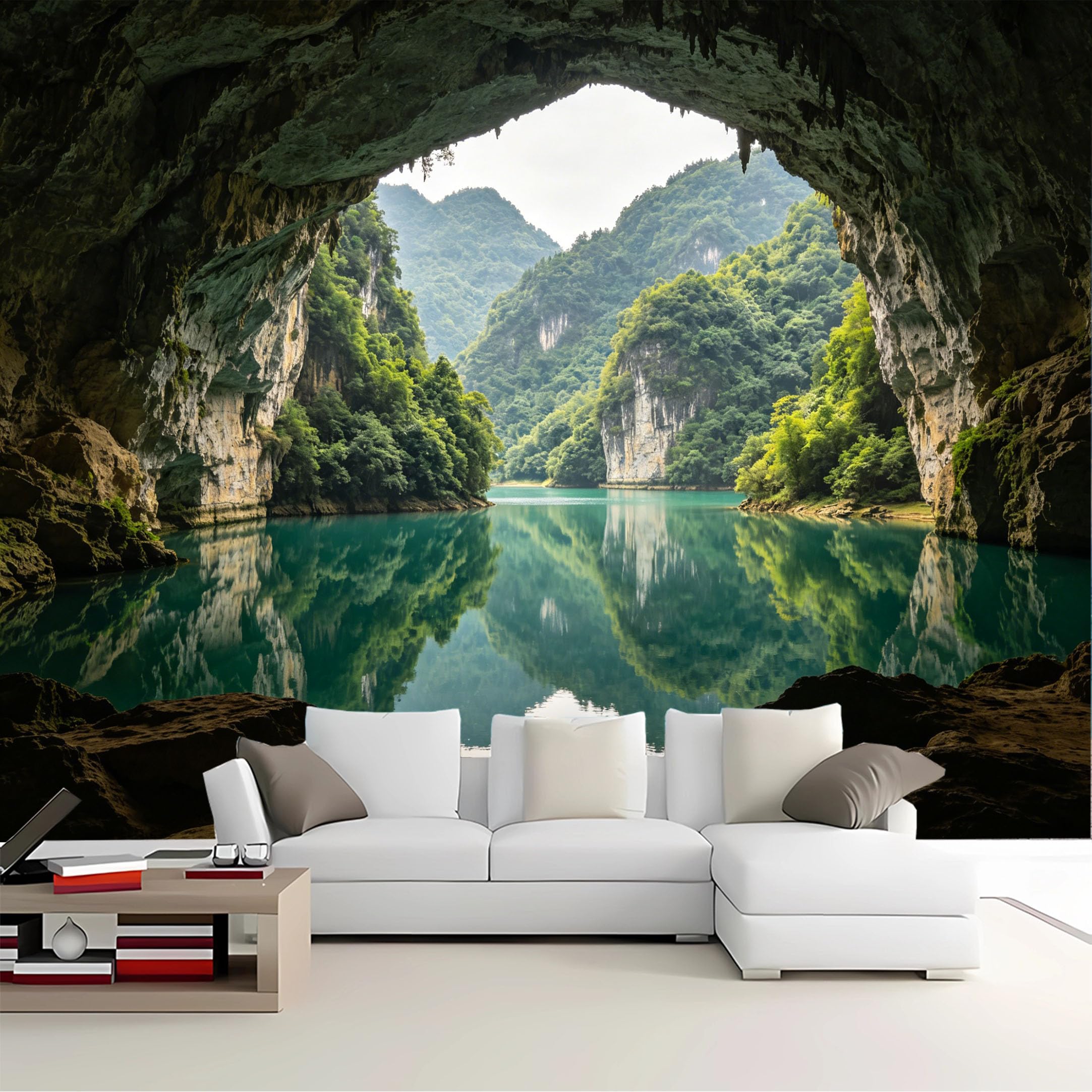 Custom Size Wall Mural Cave View Lake Mountain Reflection Removable Self Adhesive Peel and Stick Wallpaper for Bedroom Living Room Dining Room