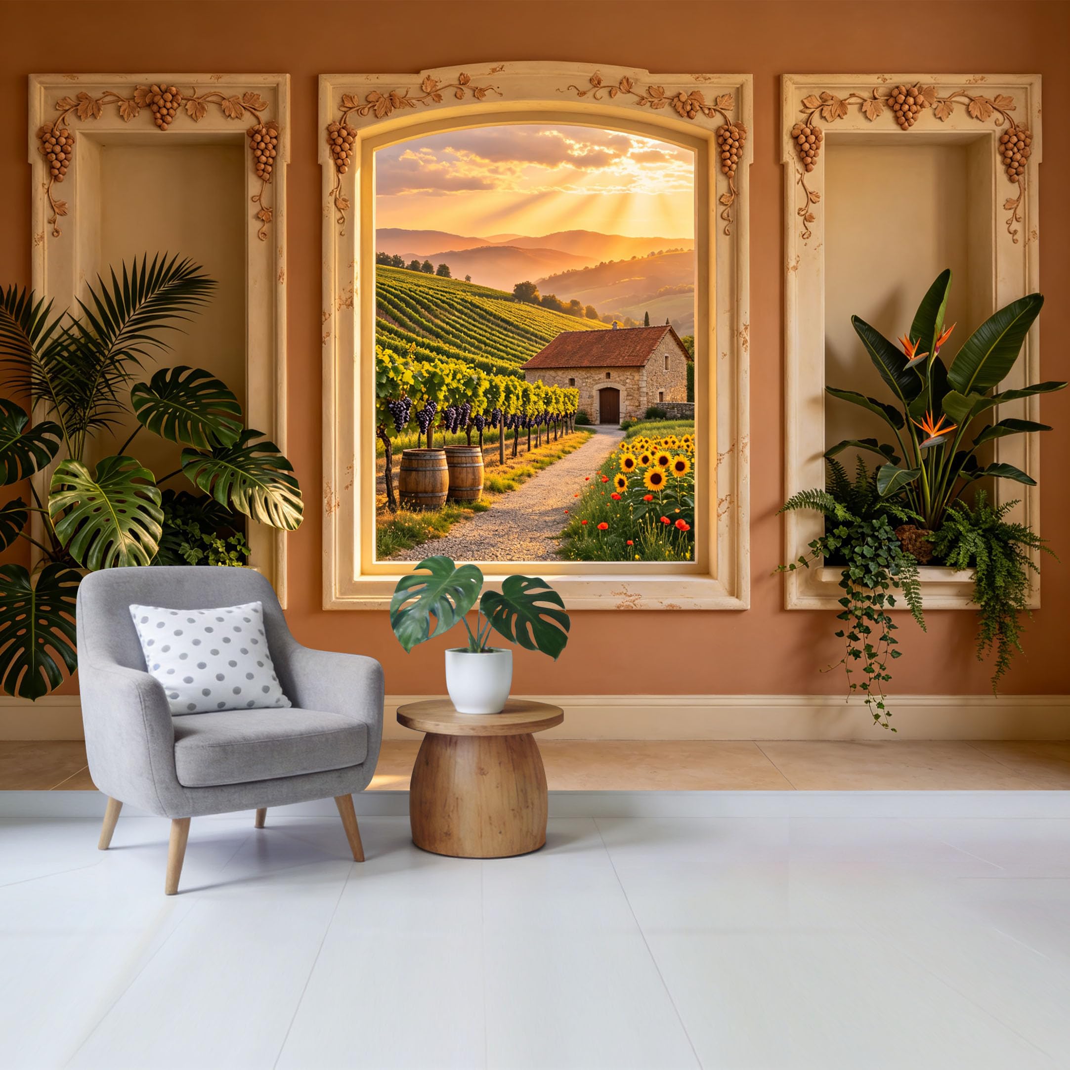 Removable Self Adhesive Fabric Mural， Tuscan Vineyard Landscape Custom Size Wall Covering， UV Protected Waterproof Washable Wall Decor for Living Room Bedroom Bathroom