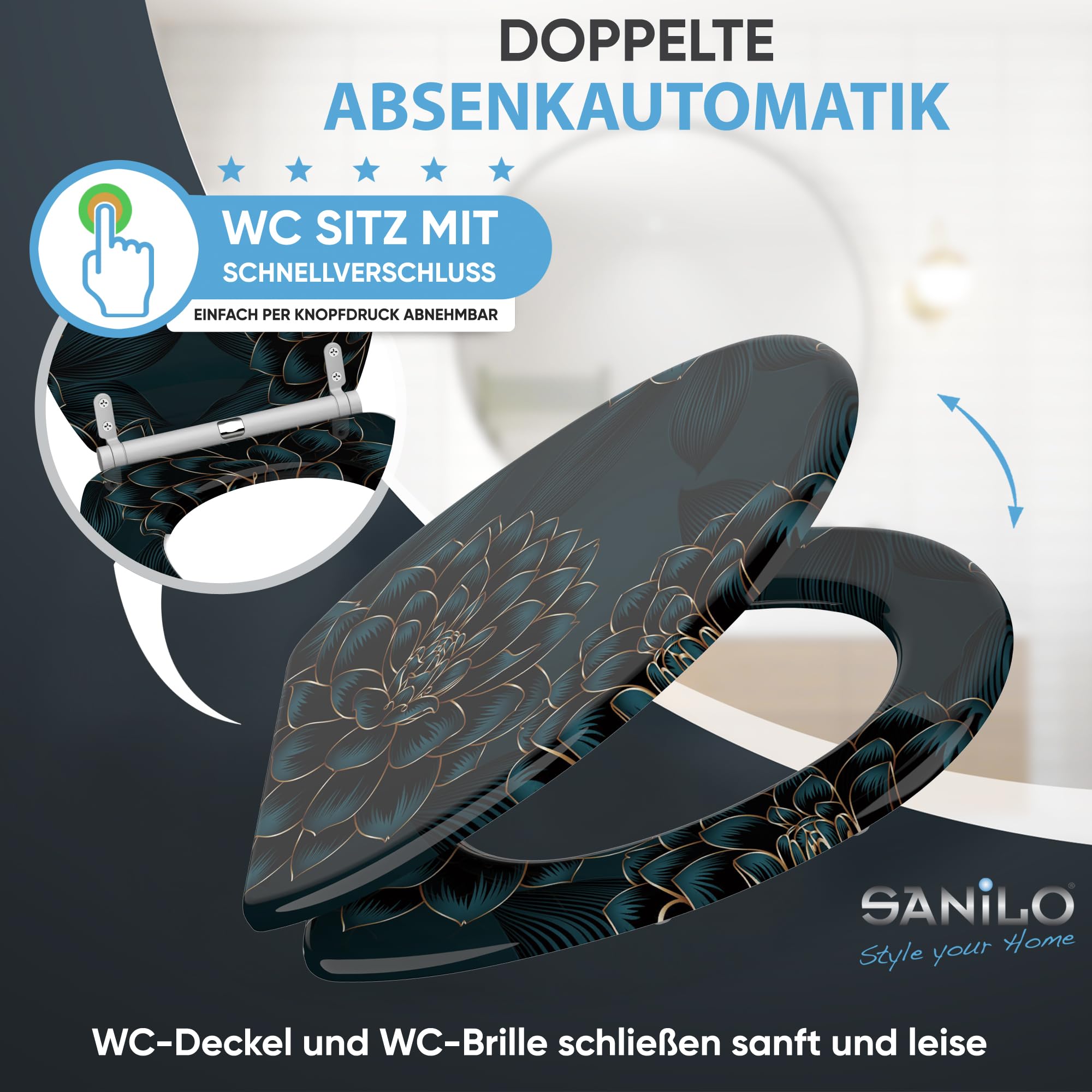 Sanilo WC Sitz mit Absenkautomatik, viele neue Toilettendeckel zur Auswahl, hochwertige Oberfläche, einfache Montage, stabile Scharniere (Dahlien)