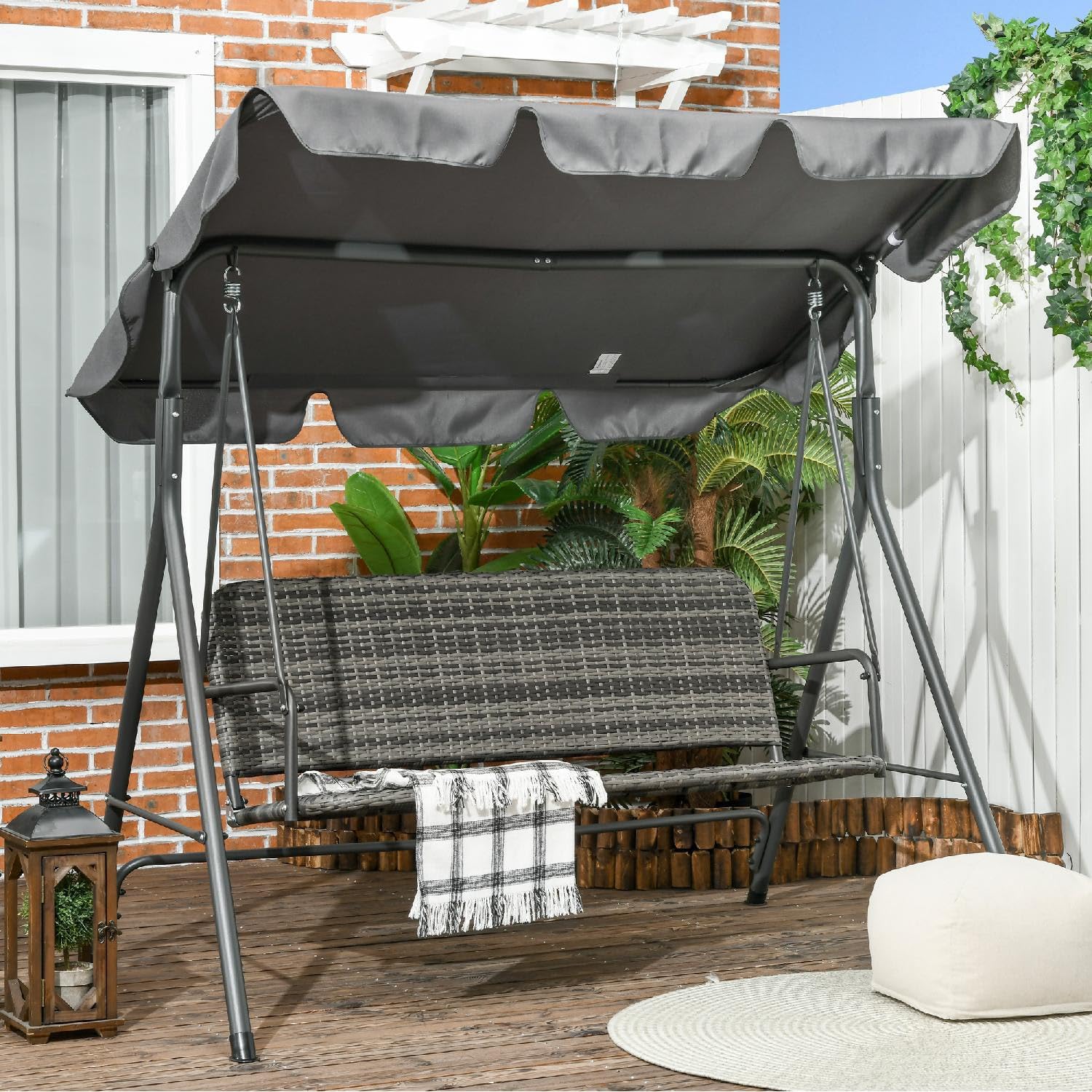 Dondolo da Giardino 3 Posti con Tettuccio Parasole in Acciaio/Rattan PE Dimensioni 167x112x153 cm Colore Grigio Scuro
