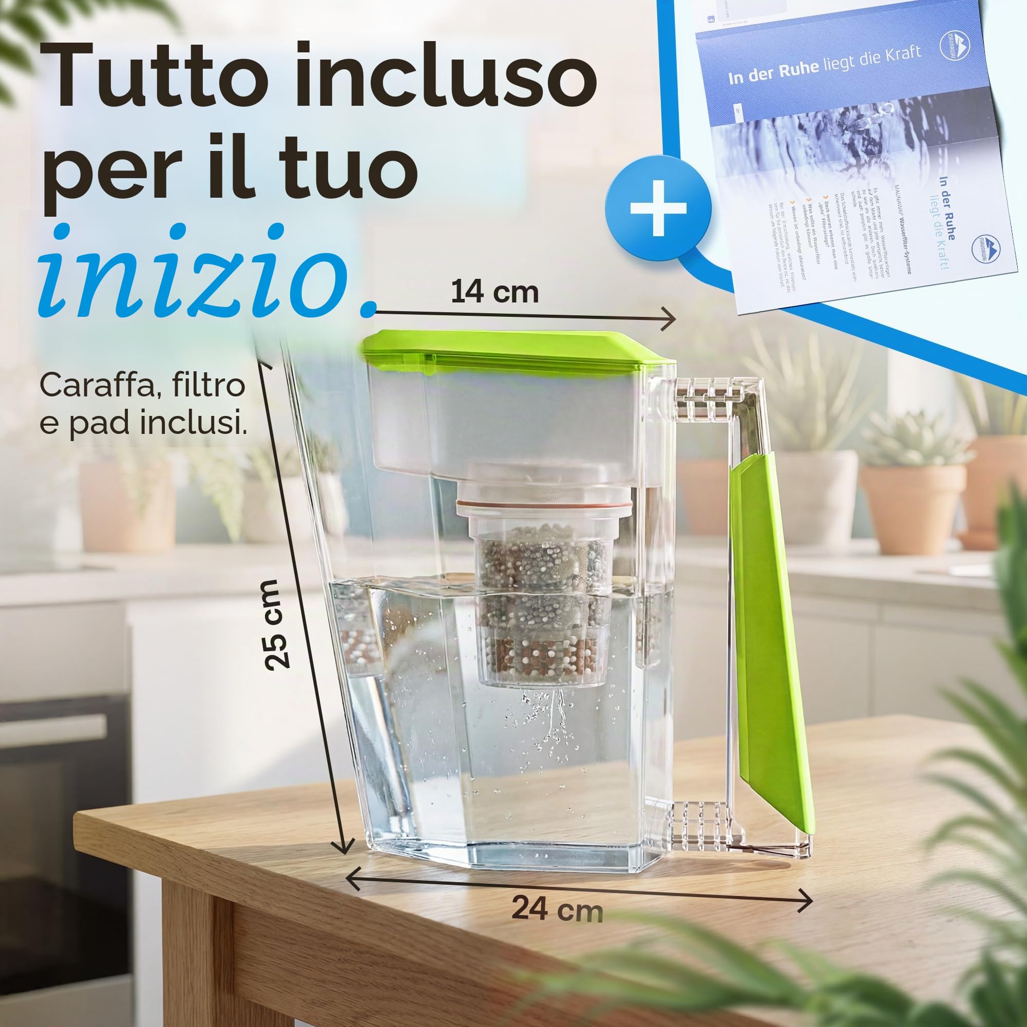MAUNAWAI Filtro d'Acqua Premium Bio Prodotto in Germania con 1 caraffa per Acqua Potabile + 1 Cartuccia filtrante e 1pad filtrante (per 3 Mesi) - Verde, Filtro d'Acqua Potabile + caraffa filtrante