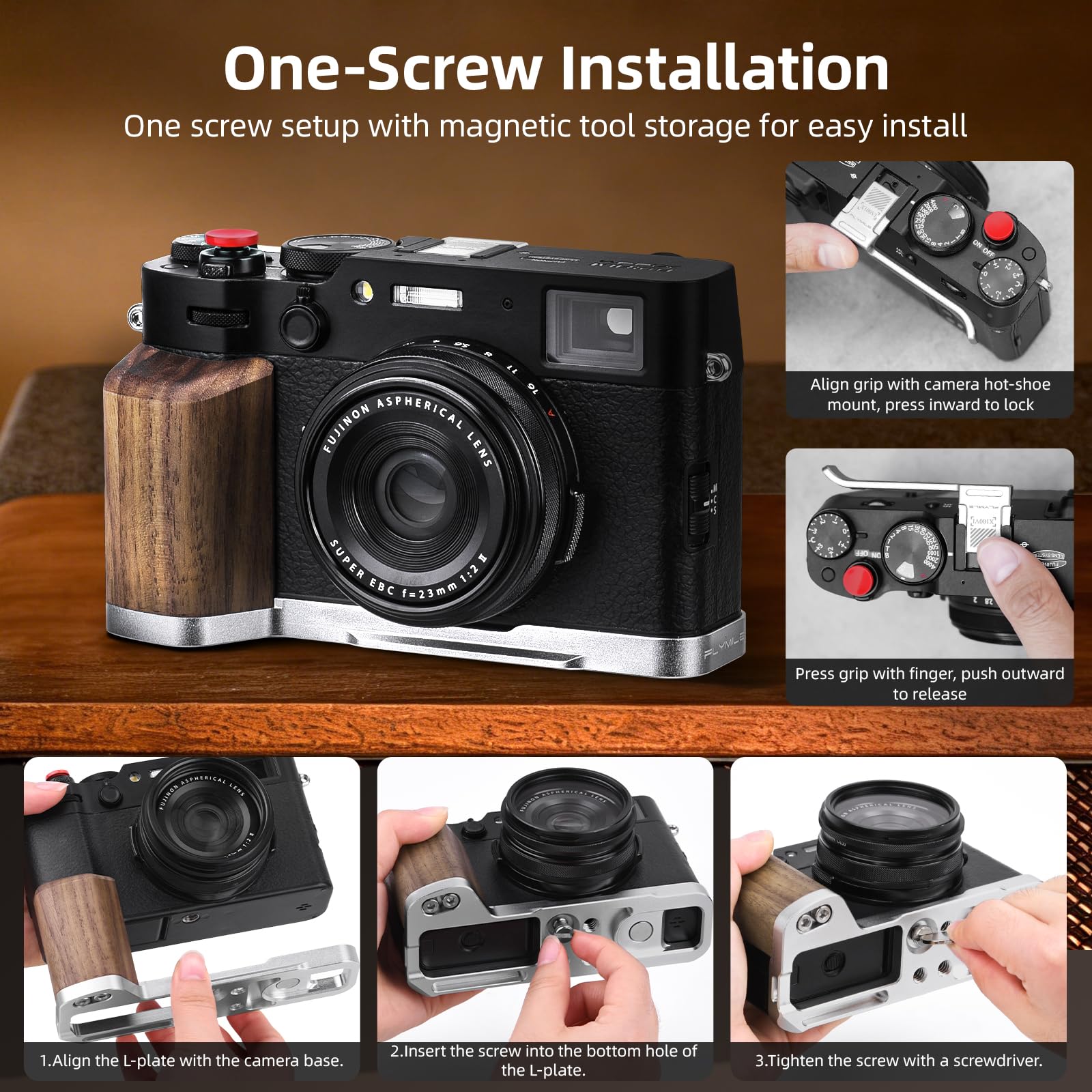 BRDRC Accessori Grip per FUJIFILM X100VI / X100V, maniglia a forma di L con piastra Arca-Swiss a sgancio rapido e copertura per pollice in metallo Hot Shoe e 2 pulsanti di scatto Fuji X100VI / X100V