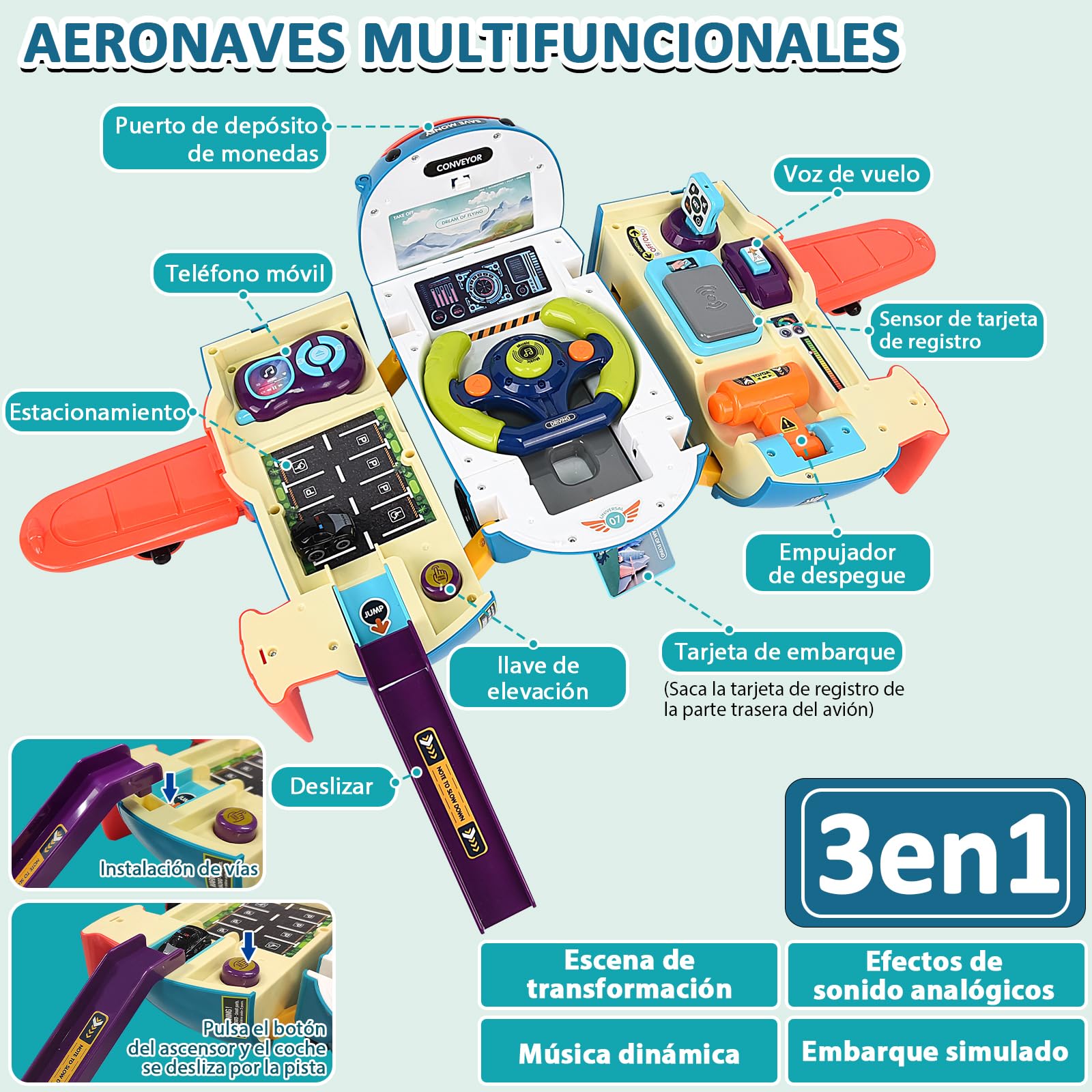 JONRRYIN Avion Juguete para Niños, 3 en 1 Volante Juguete con Luces LED y Sonidos, Hucha, Avión Coche Juguete Regalo para Niños 3 4 5 Años (Azul)