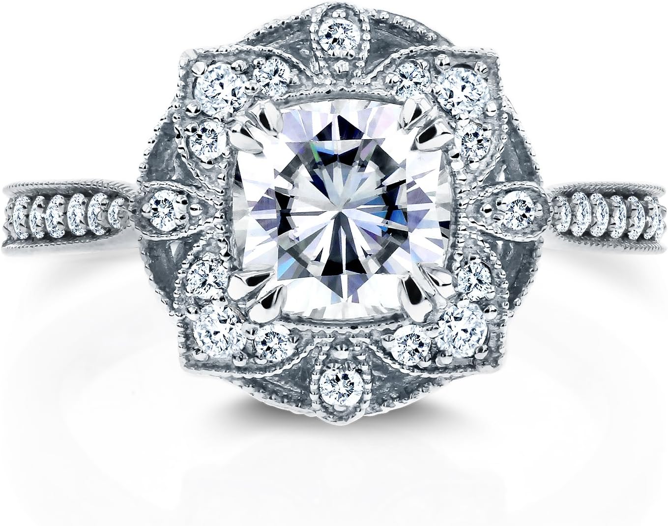 Kobelli Antique Style Floral Cushion-cut Moissanite Engagement Ring 1 1/3 CTW 14k White Gold