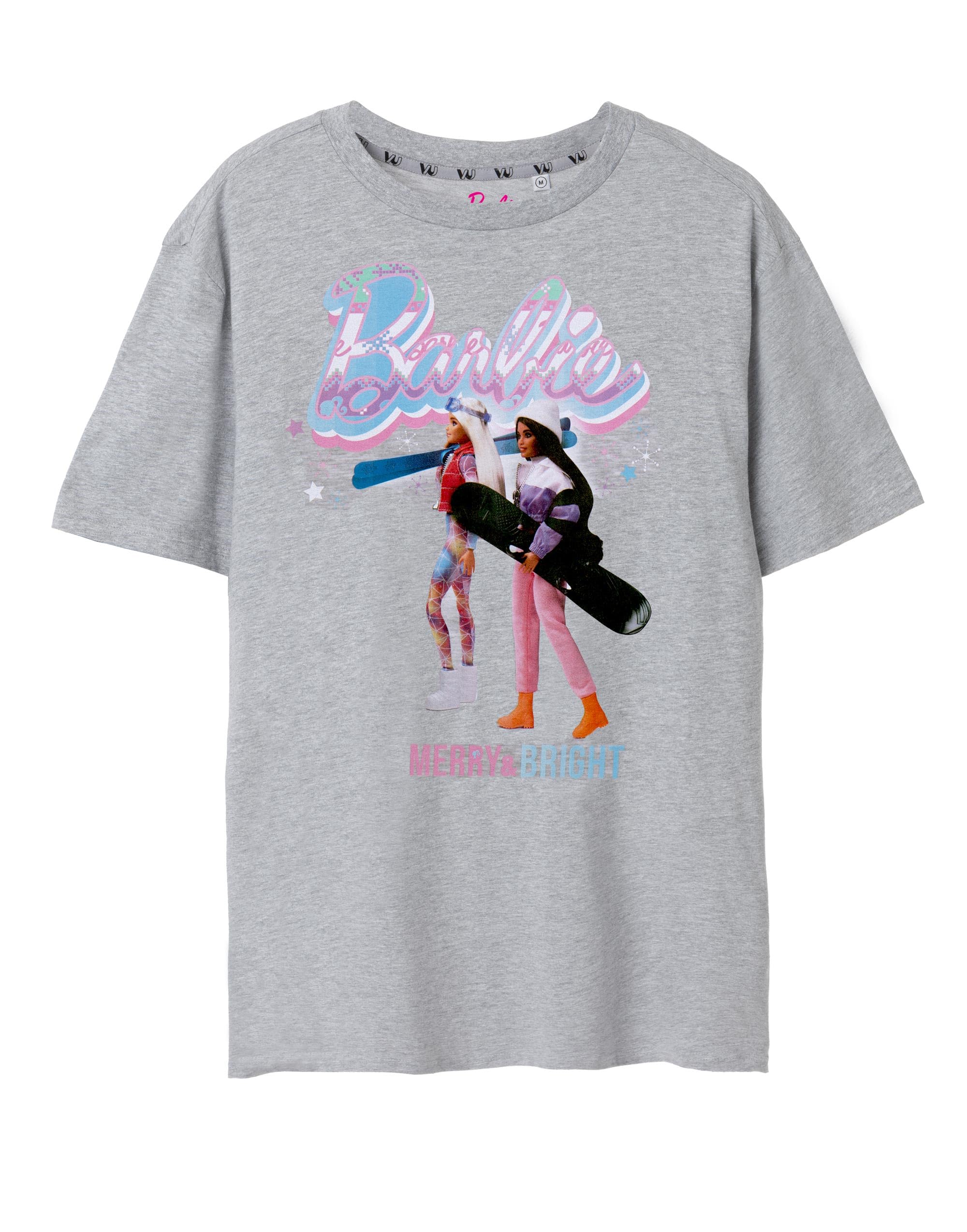 Barbie Womens T-Shirt in Grey Marl | Christmas Graphic Tee for Adults | Merry & Bright Short Sleeve Seasonal Lightweight Top | Festive Holiday Winter Fun Merchandise Gift for Her