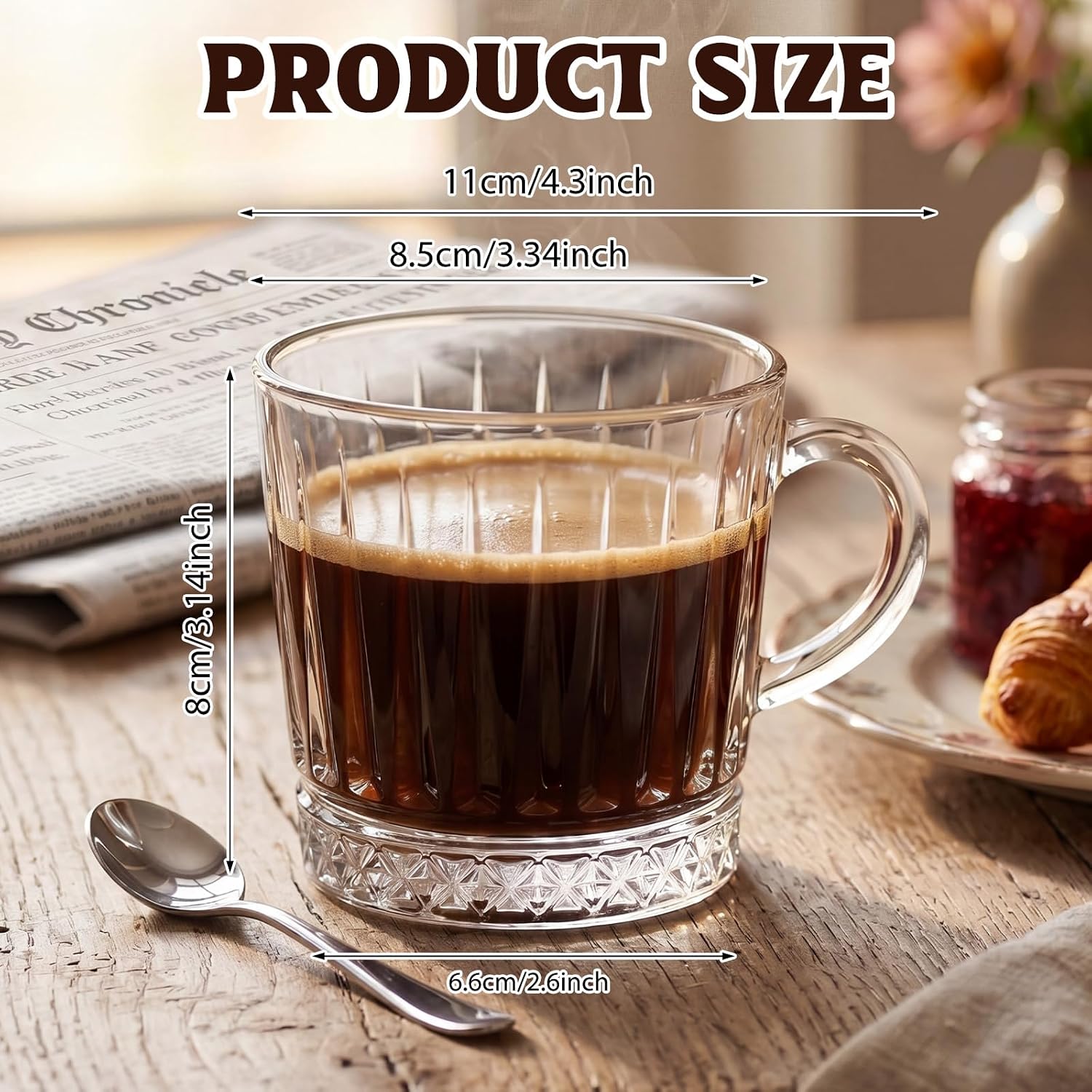 12 Pack Glass Coffee Mugs with Handle 8.5 oz Clear Tea Cup, Vintage