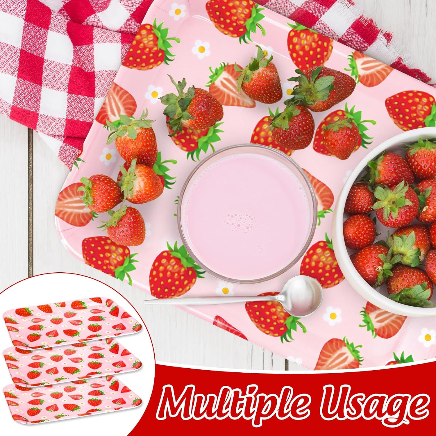 JarThenaAMCS 3Pcs Strawberry Serving Trays Red Pink Berry Flower Platter Cute Fruit Serving Dishes for Birthday Baby Shower Party Sharing Snacks Fruit Dessert Candy