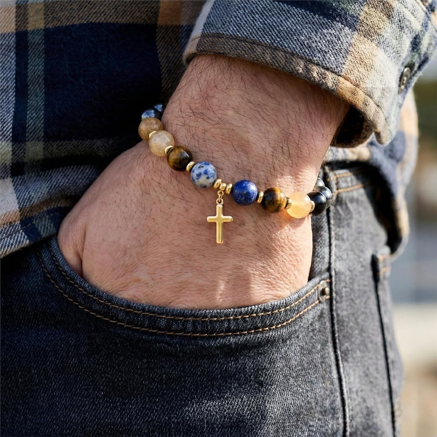 Birthday Gift Mens Bracelet Natural Stone Beaded Bracelet Cross Charm Christian Faith Jewelry for Son Husband Grandson Best Friend , For Valentine’s Day, Easter Basket Stuffers for Best Female Friend, Girlfriend /Birlfriend