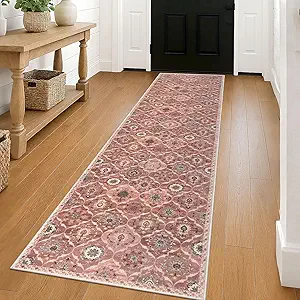 KILOCOCO 2x8 Runner Rug, Moroccan Super Soft Washable Hallway Entryway Runner Rug, Accent Print Faux Wool Kitchen Runner Rug 8 Feet Non-Slip Boho Rug Runner for Bedroom, Beige Terracotta