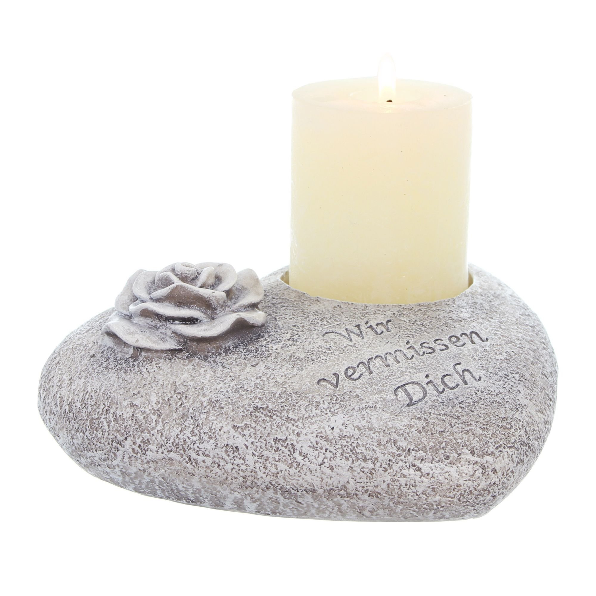 Grabschmuck Herz, Wir vermissen Dich, 18 x 20 x 8 cm, auch zum Bepflanzen geeignet, Polyresin, Aussparung für Grabkerzen Ø 7 cm