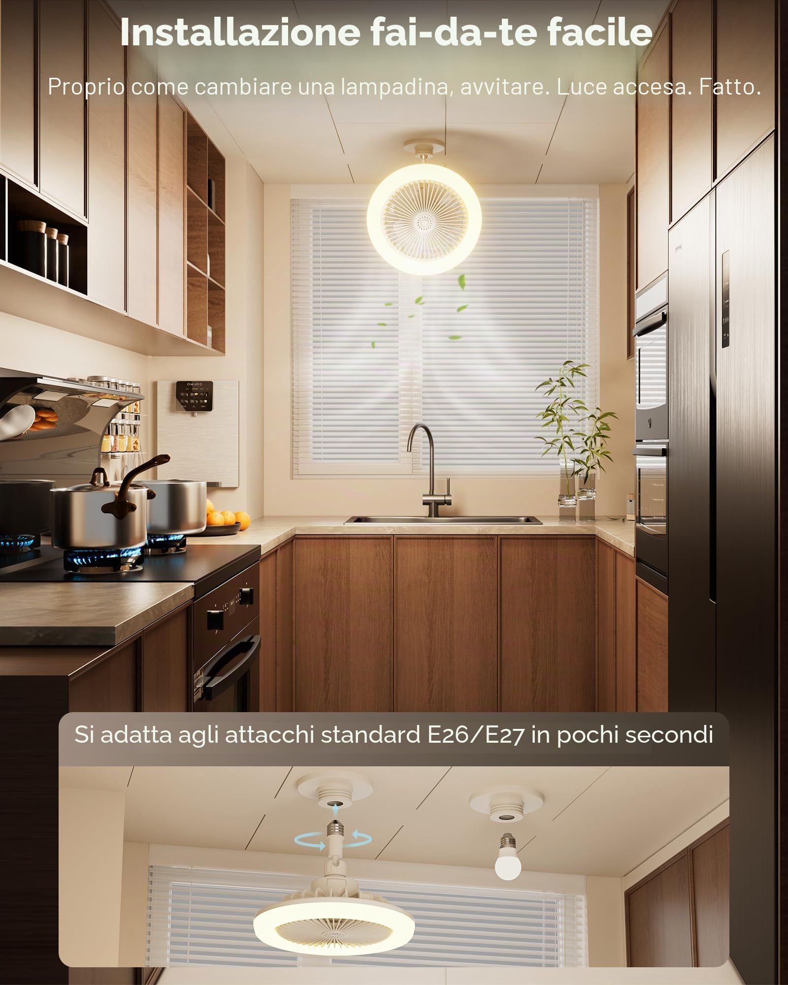 Ventilatore da soffitto con luce E27, 2200LM lampadina ventilatore LED, silenzioso lampadario con ventola piccolo, ventola da soffitto con luce e telecomando, per tetto inclinato, garage, lavanderia