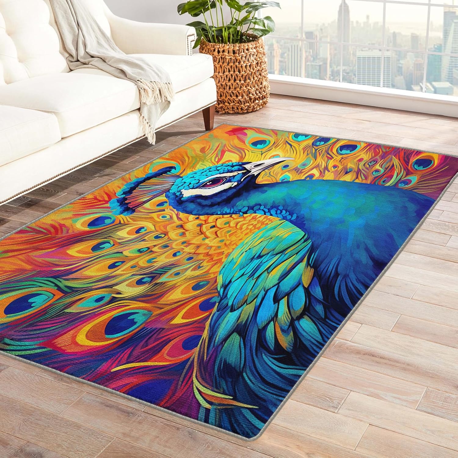 Peacock Rug & Home Decor - 5x7 Rug, Peacock Feather Rugs for Living Room Bedroom, Animal Carpet, Washable Non Slip Soft Low Pile Indoor Area Rug & Room Decor