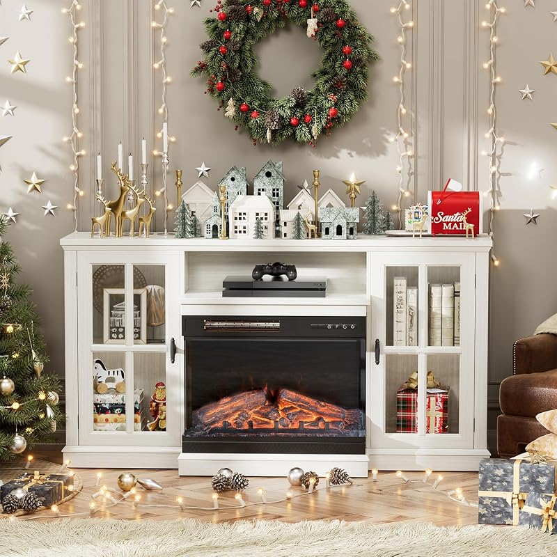 JUMMICO Fireplace TV Stand up to 65", 3-Sided Glass, Distressed White image 6