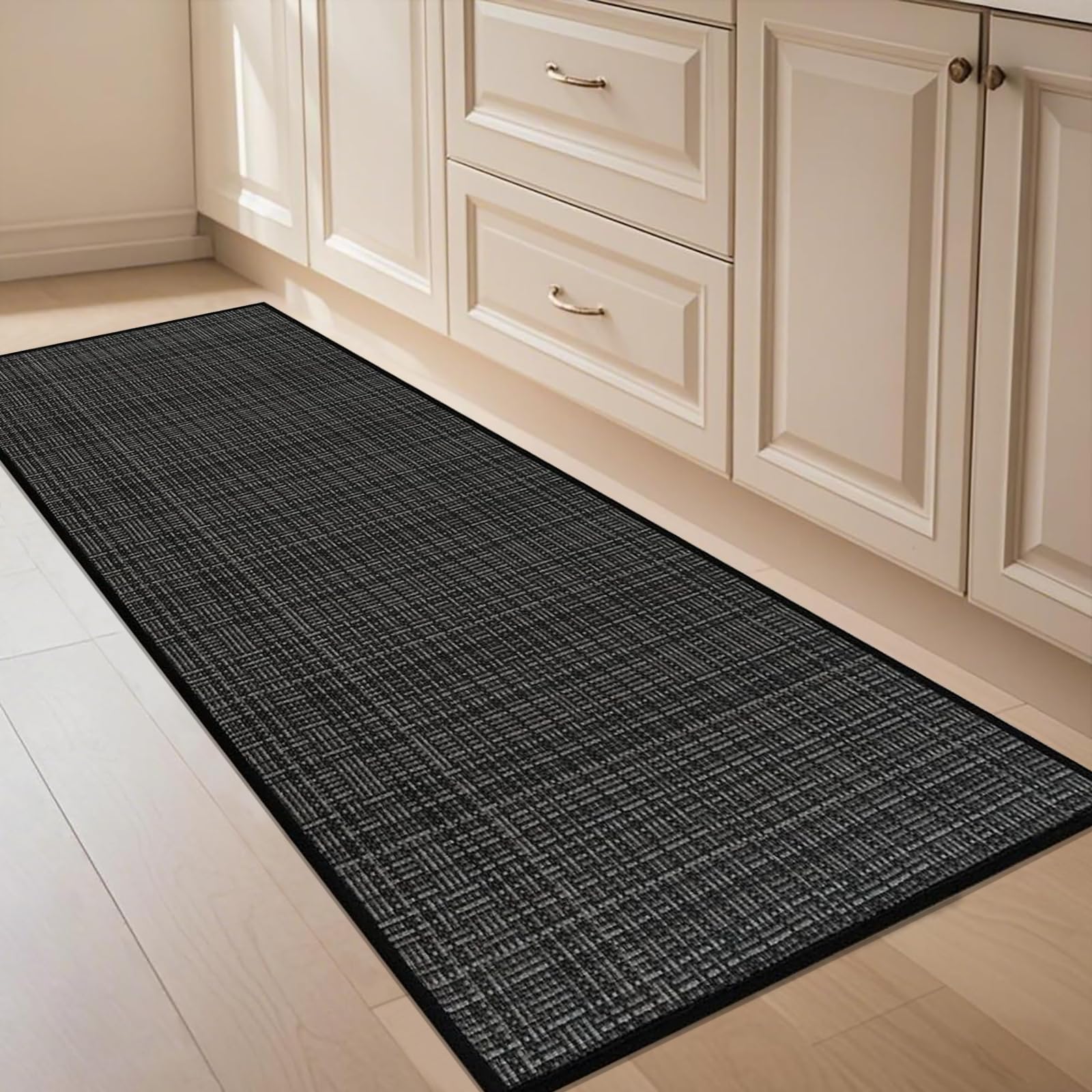 Küchenteppich Waschbar rutschfest 45x150cm, Jute Küchenläufer Saugfähig, Teppich Küche Rückseite aus Naturkautschuk, Läufer Leicht Zu Reinigen, Küchenmatte für Esszimmer, Schwarz
