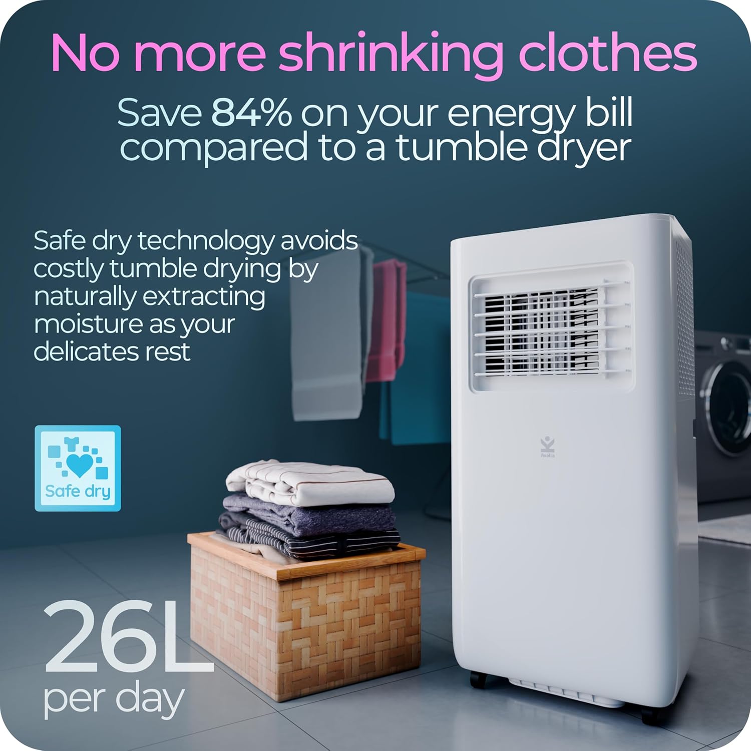 Avalla S-360 portable air conditioner used in a room with clothes drying on a rack, demonstrating its dehumidifier function for laundry.