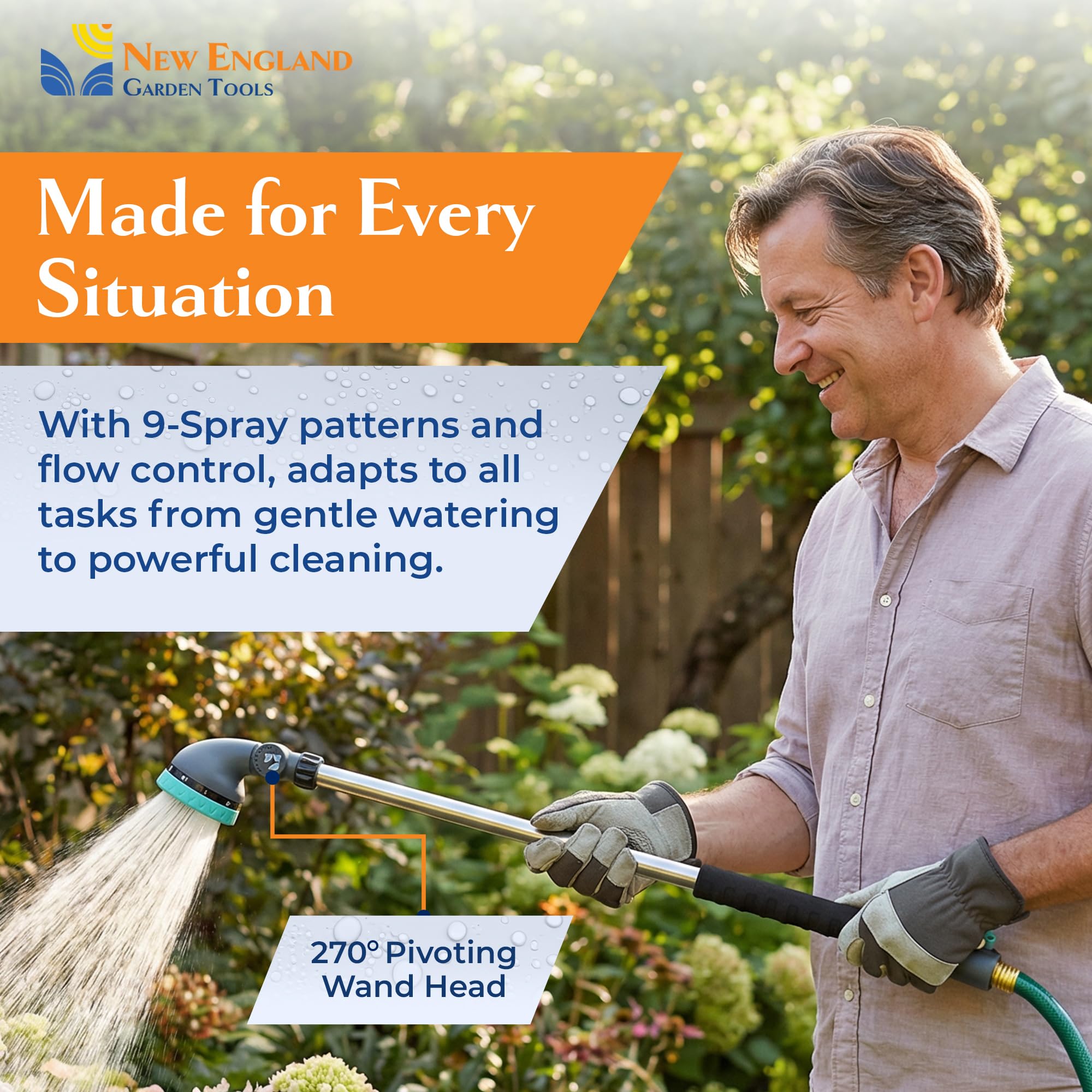 Varita de manguera de agua de 36 pulgadas con 9 patrones de pulverización y una cabeza pivotante 600004 con agarre cómodo y control de palanca de New England Garden Tools para limpiar, regar plantas y