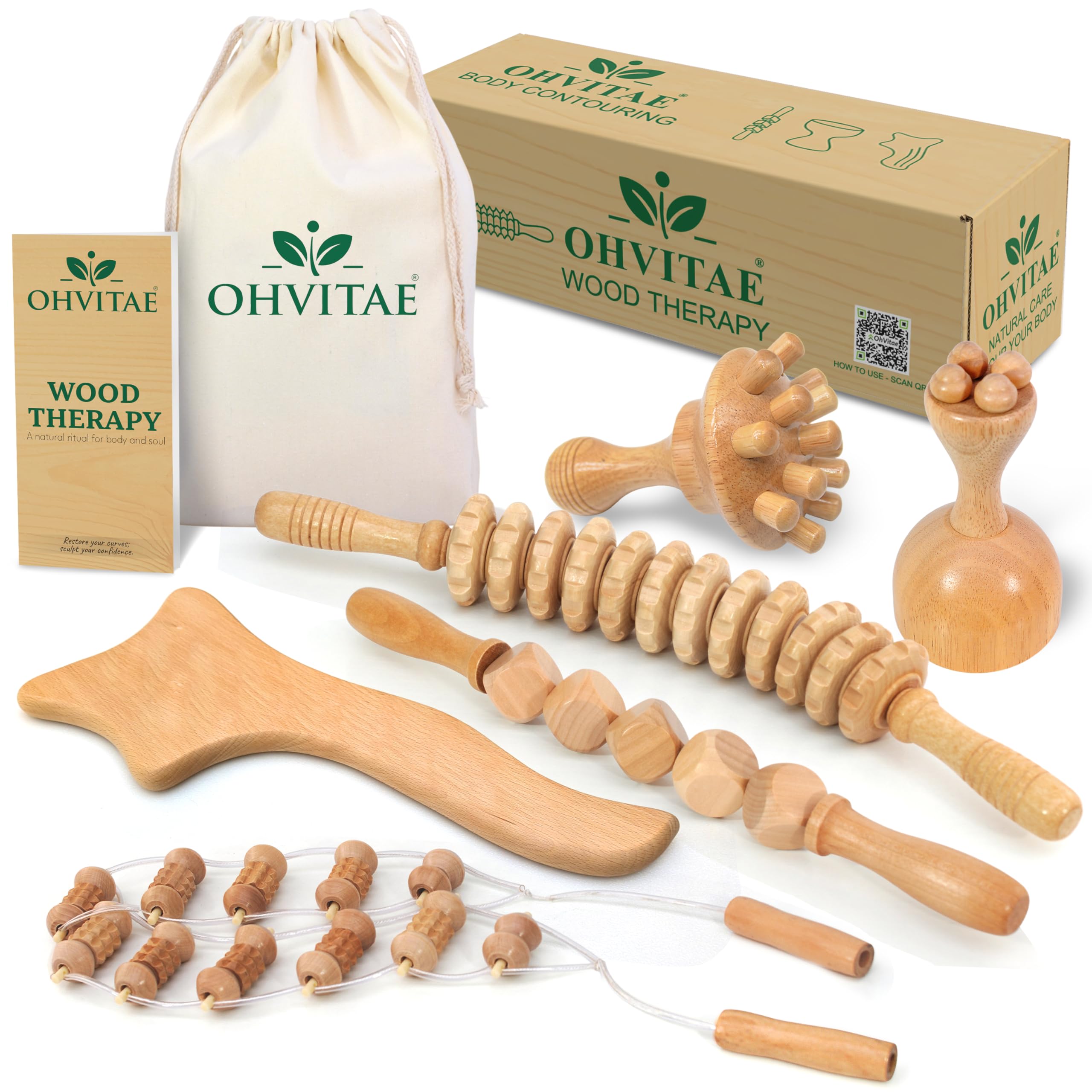 kit maderoterapia corporal profesional con 6 herramientas bolsa de transporte y guía QR. Tratamiento completo de maderoterapia corporal celulitis para masaje reductor y tonificación natural