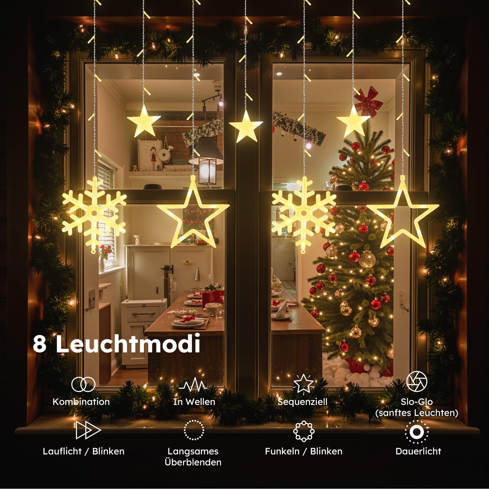 LEDYA LED Lichtervorhang Sterne & Schneeflocken, 1,65 m 138 LEDs Vorhang Lichterkette mit 8 Modi & Timer, Lichter mit Stecker für Weihnachten, Fenster, Schlafzimmer, Hochzeit, Party, Zuhause, Warmweiß