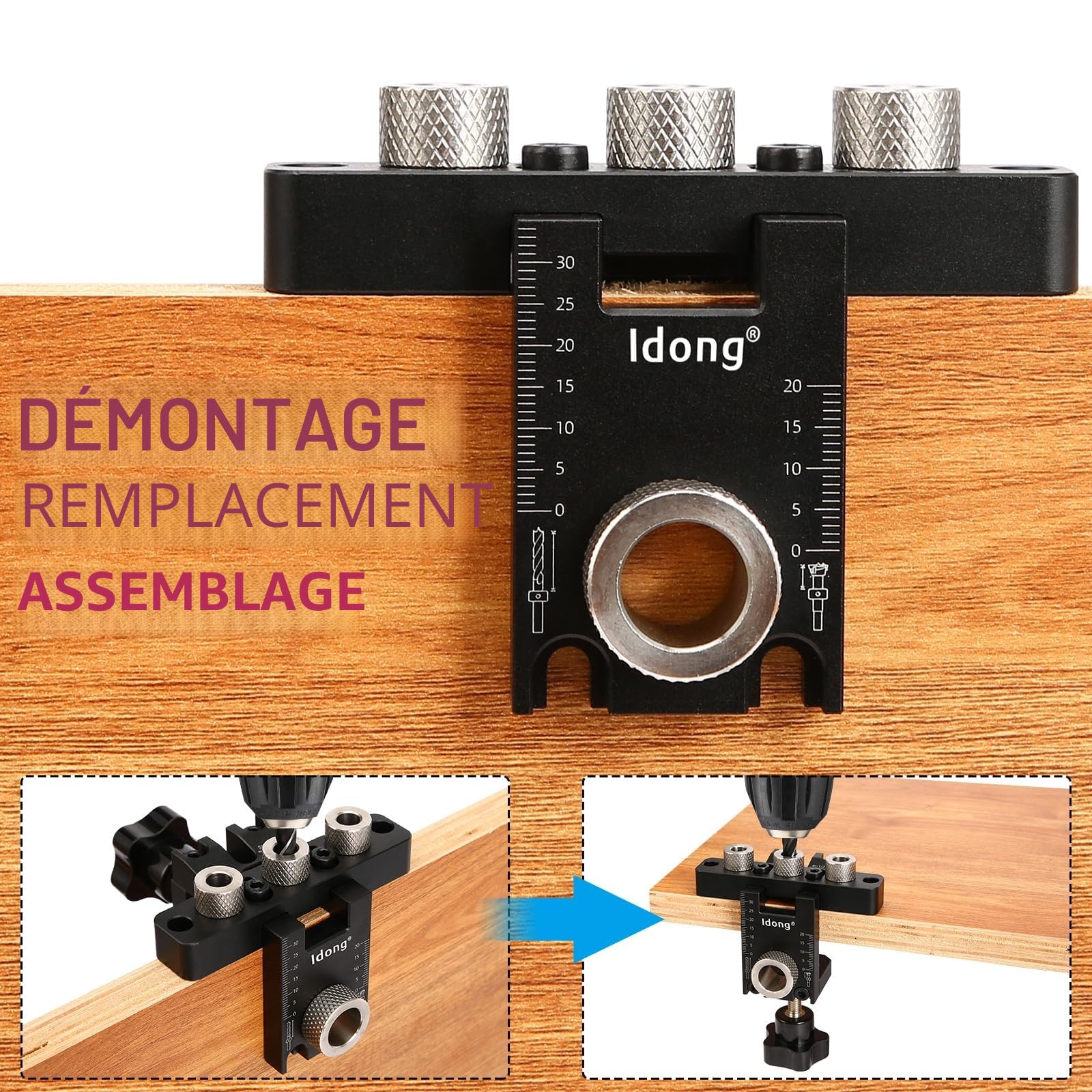 Gabarit De Percage Set，8/10/15 mm Gabarit de Trou de Poche,3 en1 Kit Localisateur de Guide de Percage Cheville Bois,Outils de Bricolage pour le travail du bois (noir Gabarit De Percage)