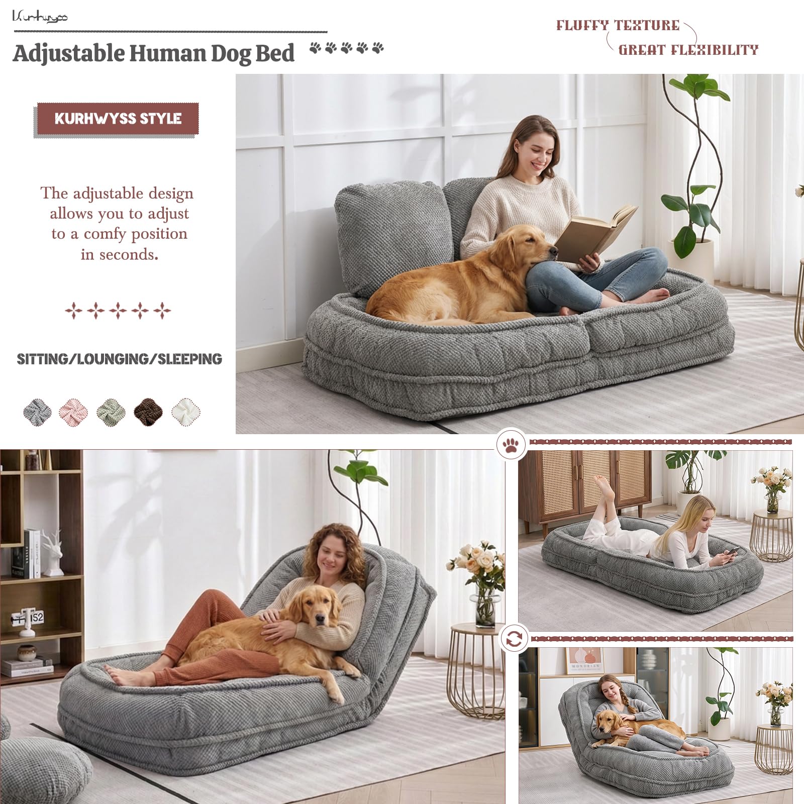Upholstered Human Dog Bed for Adult & Pets, Convertible Lazy Sofa