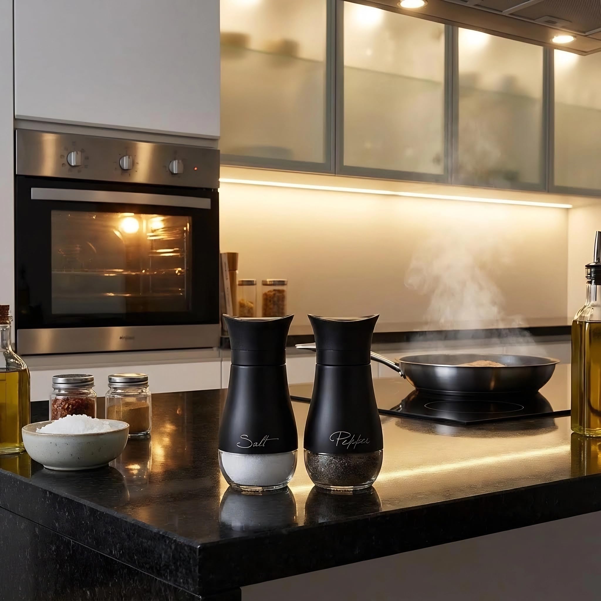 Black Salt and Pepper Shakers Set, 4 oz Stainless Steel Salt Pepper Containers with Glass Bottom for Kitchen Cooking BBQ