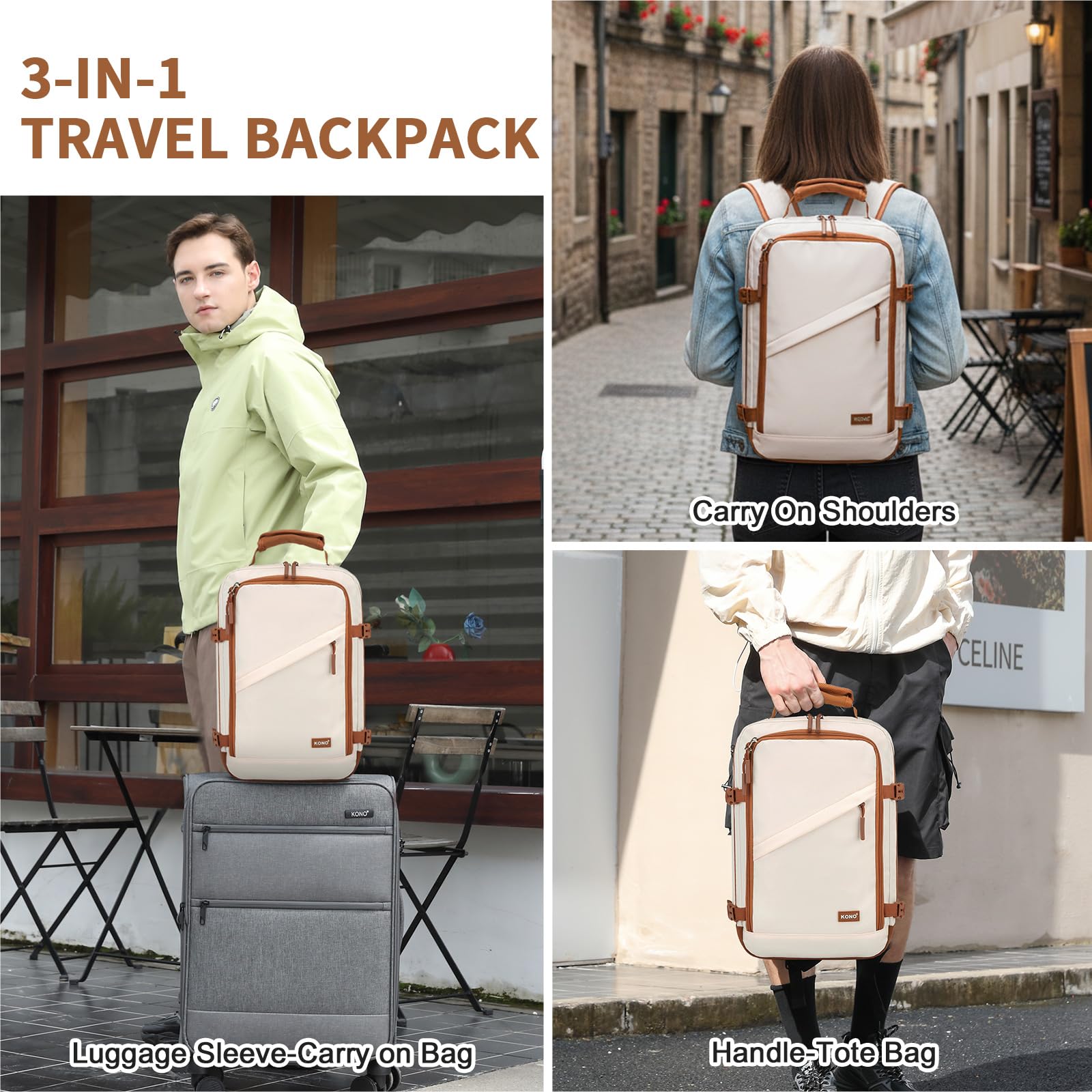 Kono Ryanair Cabin Bags 40x30x20 40x20x25 Underseat Bags Travel Backpack Cabin Size Carry-ons Hand Luggage Bag Waterproof Ryanair Underseat Backpack for Man&Woman Beige — view 7