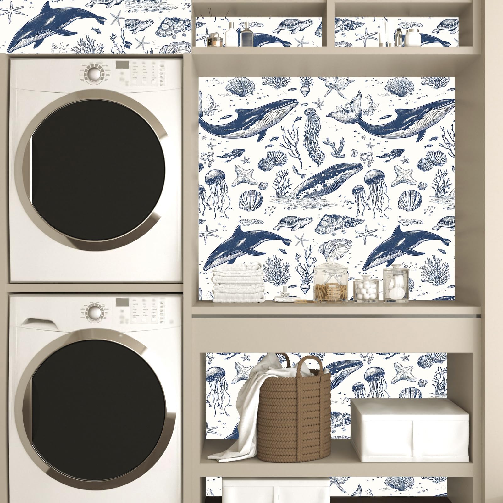 Fvlow Tapeta wieloryba błękitnego, odklej i przyklej, 44 x 1,000 cm, granatowy ocean, usuwalny papier kontaktowy, samoprzylepna osłona do pokoju dziecięcego, sypialni, salonu, dekoracja domu