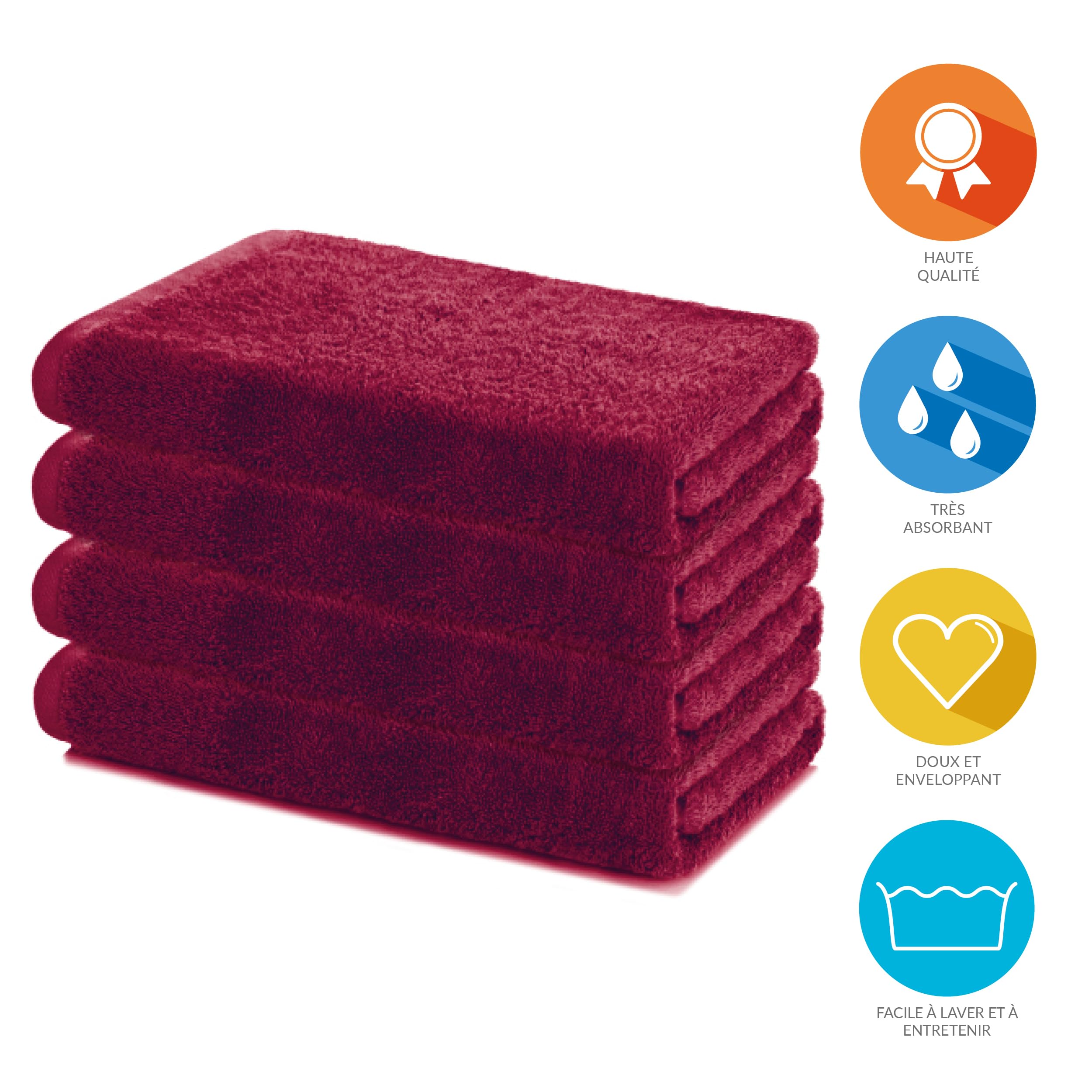Lavea® Lot de 4 Draps de Douche 60x120 cm – Serviettes de Bain Douces et Absorbantes - 100% Coton – Oeko-TEX 100 – avec Bouclette – Lavables à 60°C – pour Saille de Bain, Fitness et Spa - Bordeaux