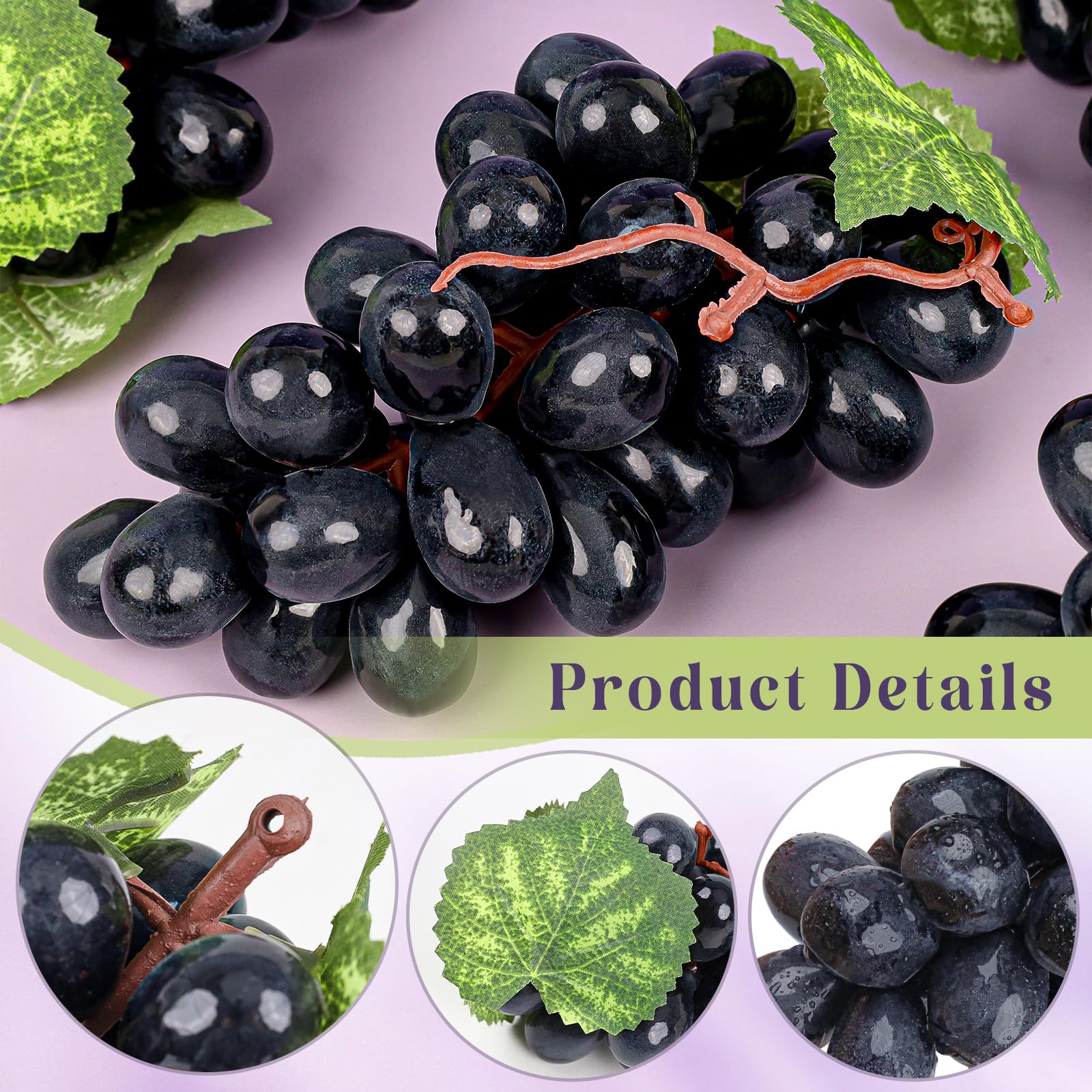 4 racimos de plástico artificial falso, uvas negras con vides, guirnalda, decoración de bodega, granja, mesa, fruta, modelo hecho a mano, accesorios de fotografía