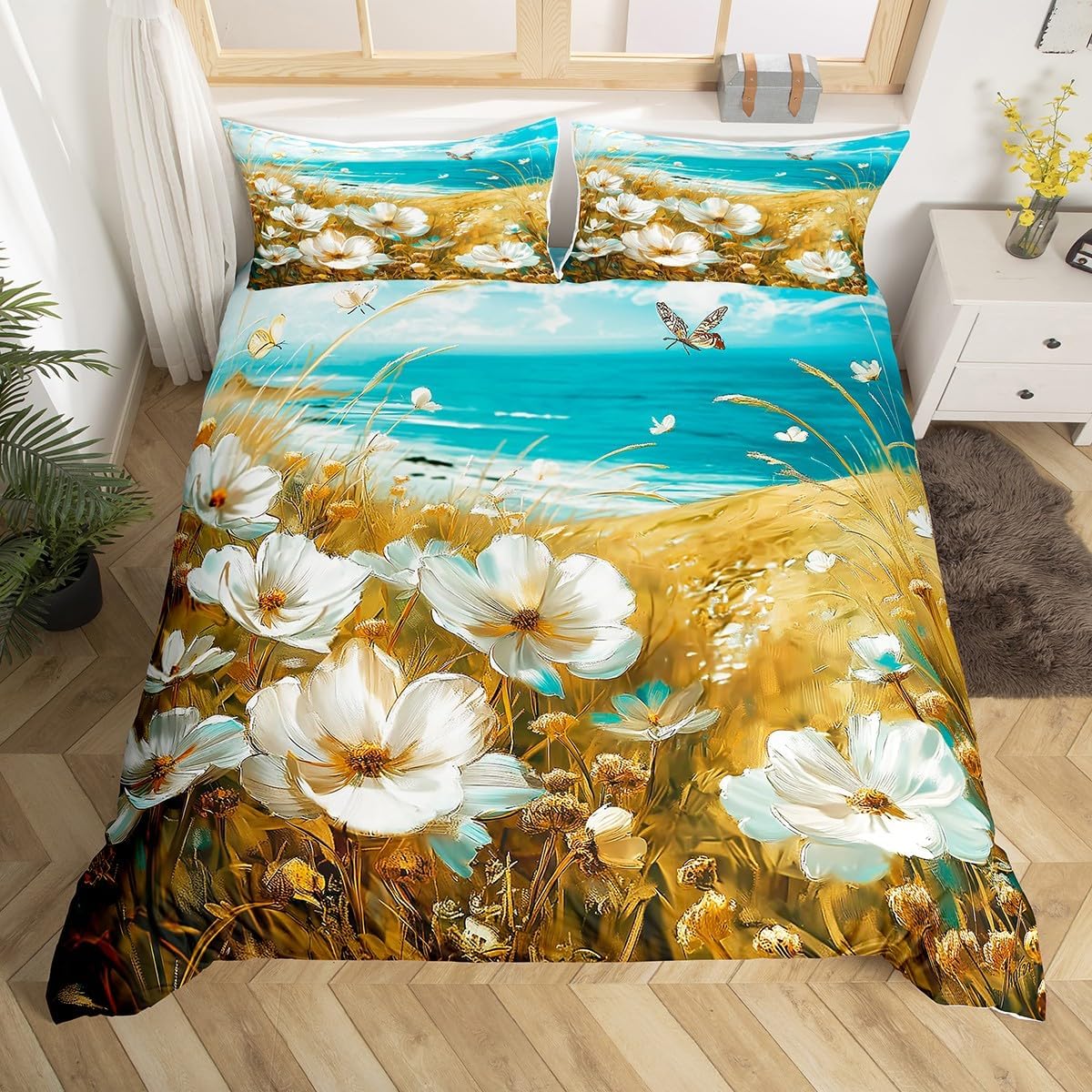 Castle Fairy Blue Truck Bedding Set Rustic Farmhouse Style Bedding Duvet Cover Kids Teens Flowers Barn Scenery Comforter Cover White Blue Bedspread Cover Bedroom Quilt Cover 3Pcs Full,No Comforter