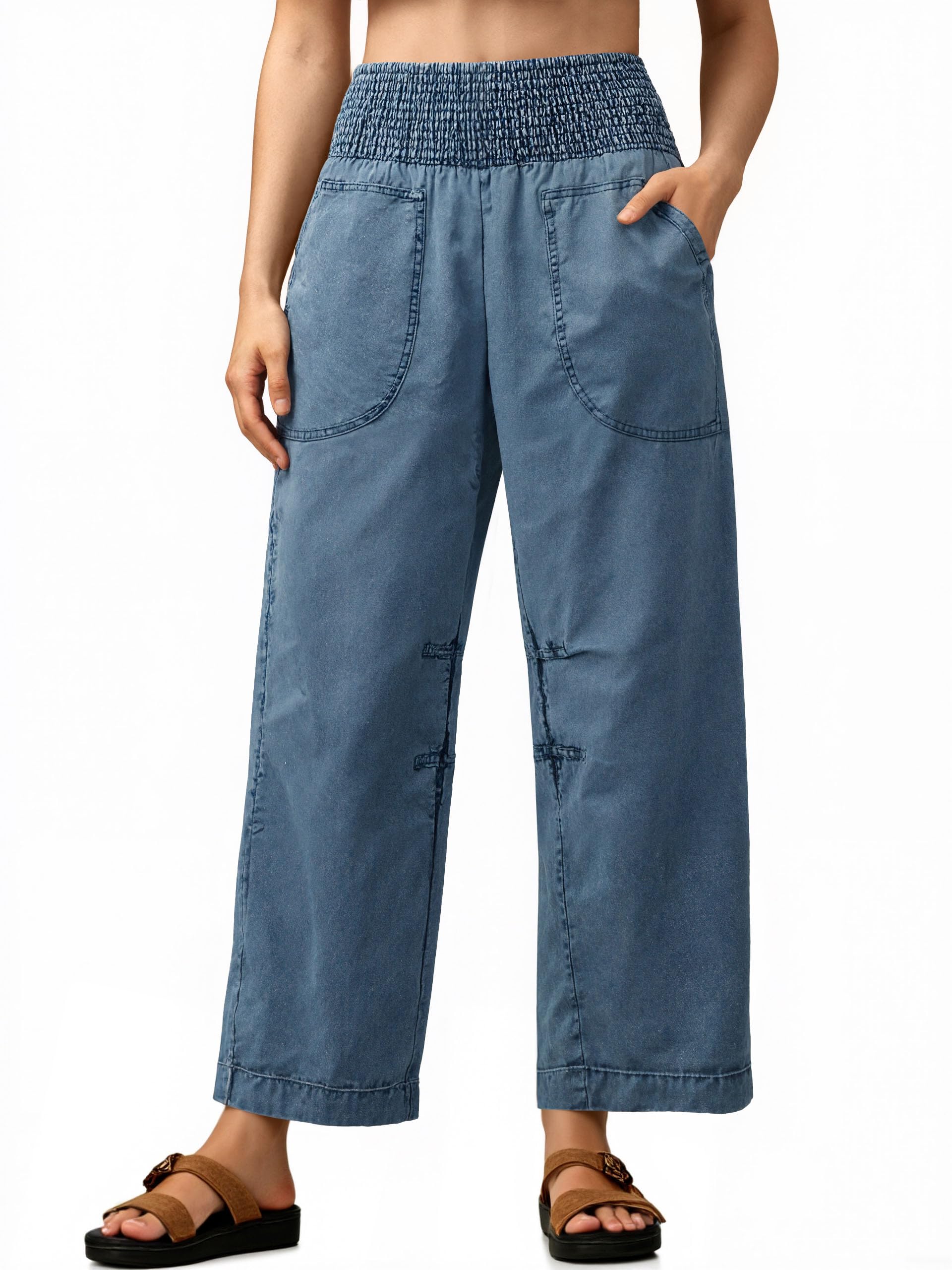 Cicy Bell Womens Smocked Barrel Jeans High Waisted Baggy Pull On Denim Pant