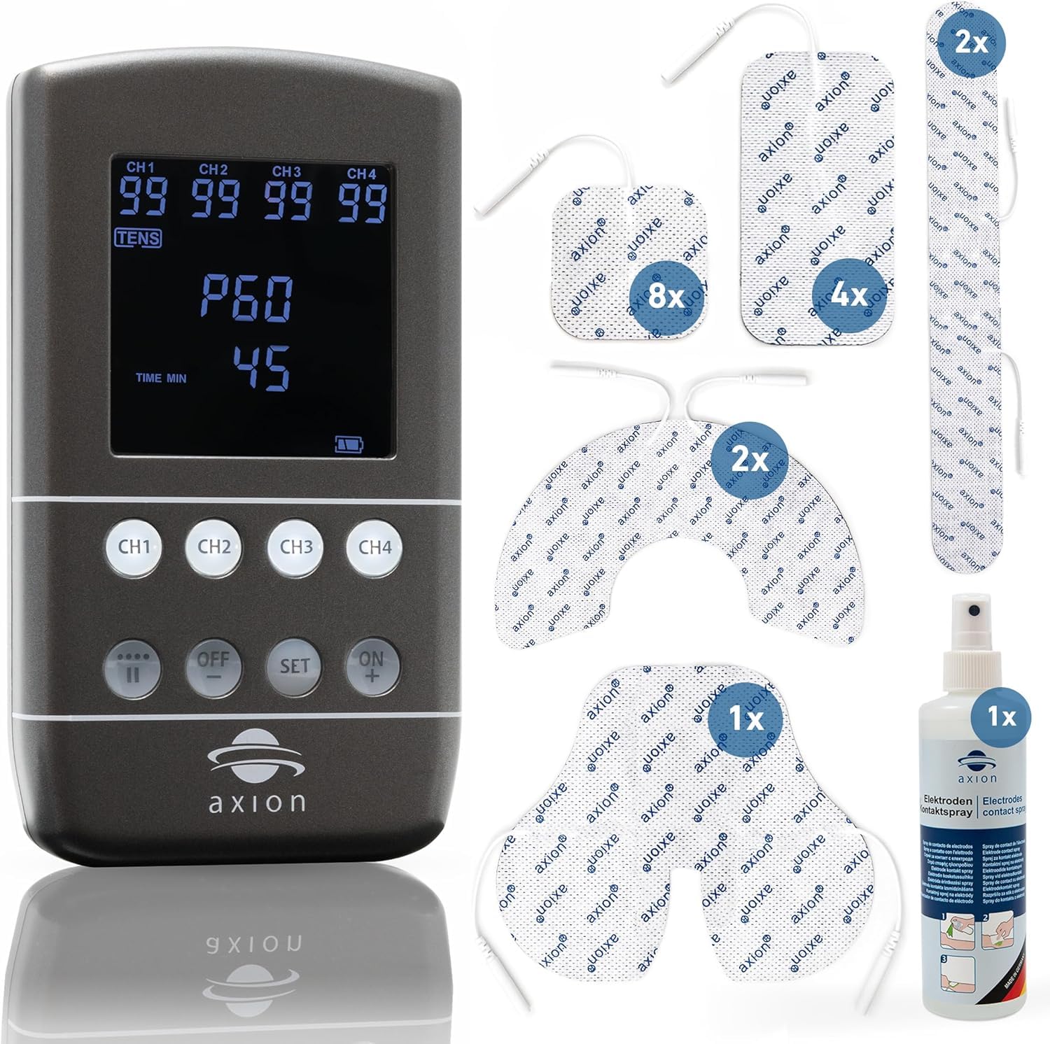 Appareil combiné TENS EMS STIM-PRO X9B - 4 canaux dans un set avec 8 pièces 5x5cm, 4 pièces 10x5cm, électrodes spéciales autocollantes & spray de contact - Thérapie de la douleur, renforcement