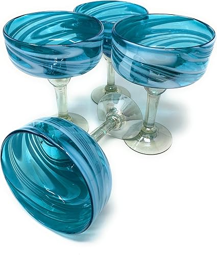 Miniatura 3 de Dos Sueños Mexican Hand Blown Glass  Set of 4 Hand Blown Margarita Glasses Aqua Swirl (16 oz)