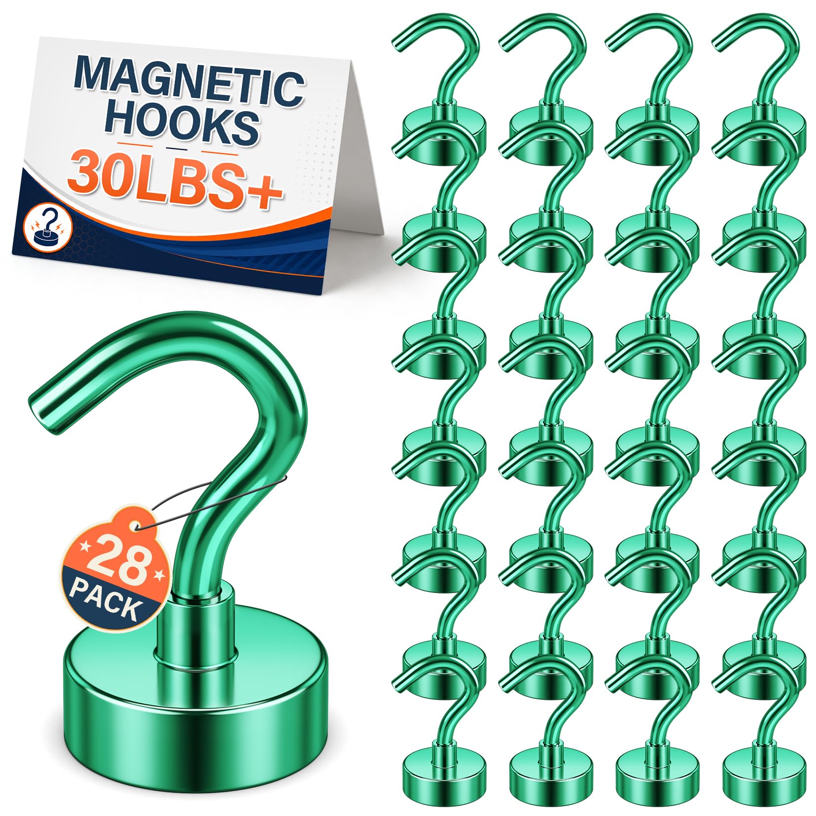 FINDMAG 28 Pack Magnetic Hooks, 30LB+ Magnets with Hooks, Green