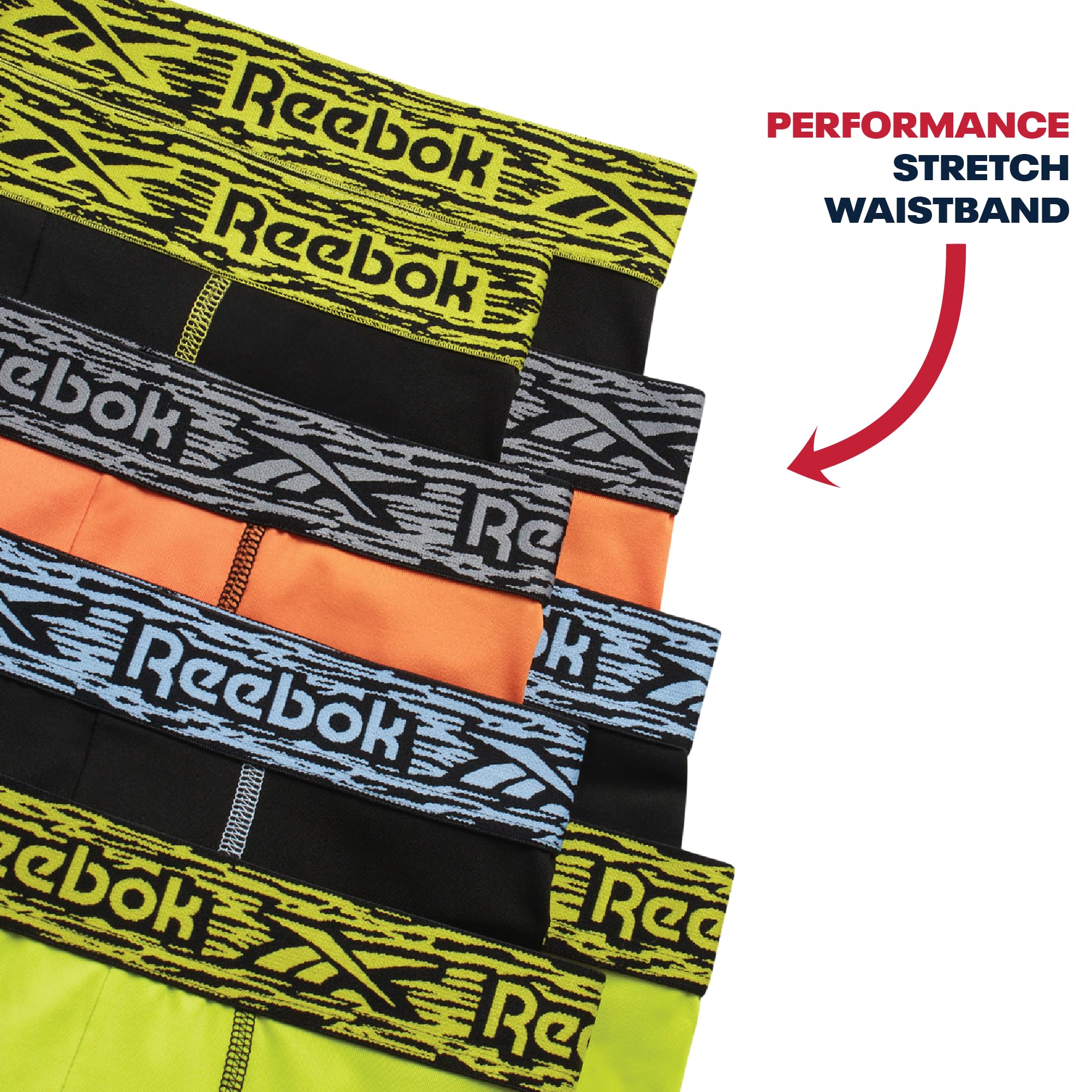 Reebok Calzoncillos tipo bóxer para niños, paquete de 8 calzoncillos tipo bóxer de rendimiento de 6 pulgadas de entrepierna de pierna larga con bolsa de apoyo (6-18)