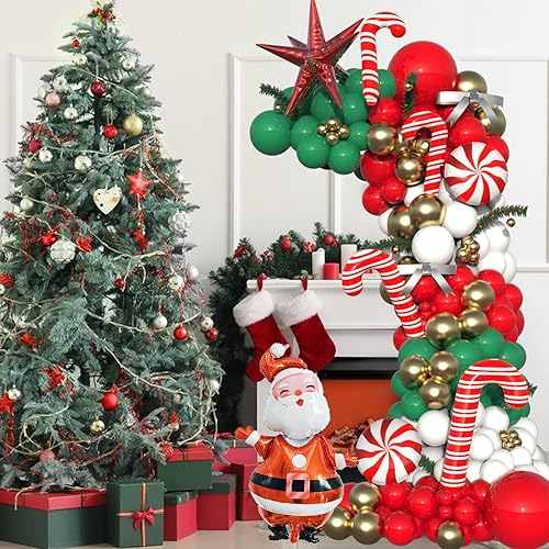 Miniatura 5 de Kit de arco de guirnalda de globos de Navidad, globos verdes, rojos, blancos y dorados con globos de bastón de caramelo de Navidad, patrón de Papá