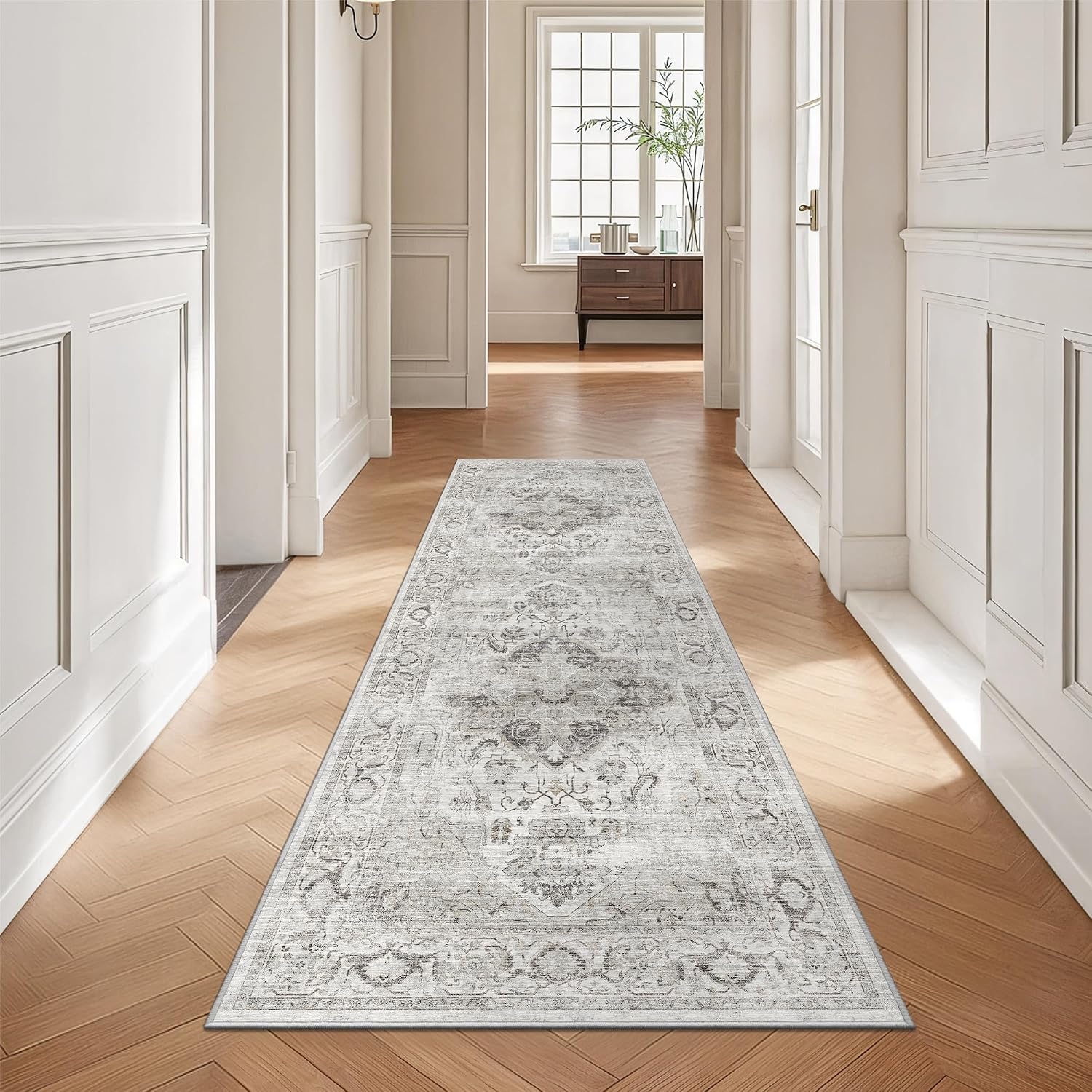 2x6 Washable Runner Rug - Soft Hallway Runner Rugs with Non Slip Backing, Vintage Farmhouse Entryway Mat for Living Room Kitchen Laundry Bedroom Ivory/Gray