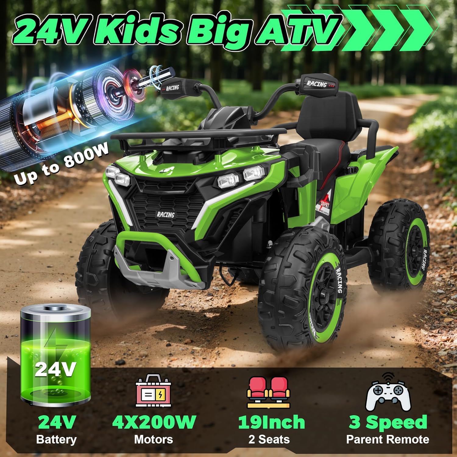 24V Ride on Car, Kids ATV XL Four Wheeler w/EVA Tires, 19-Inch Leather 2 Seater, 800W Motors, Remote Control, Knee Pads, Flower, 24 Volt Ride on Toys Quad for Big Kids, Green