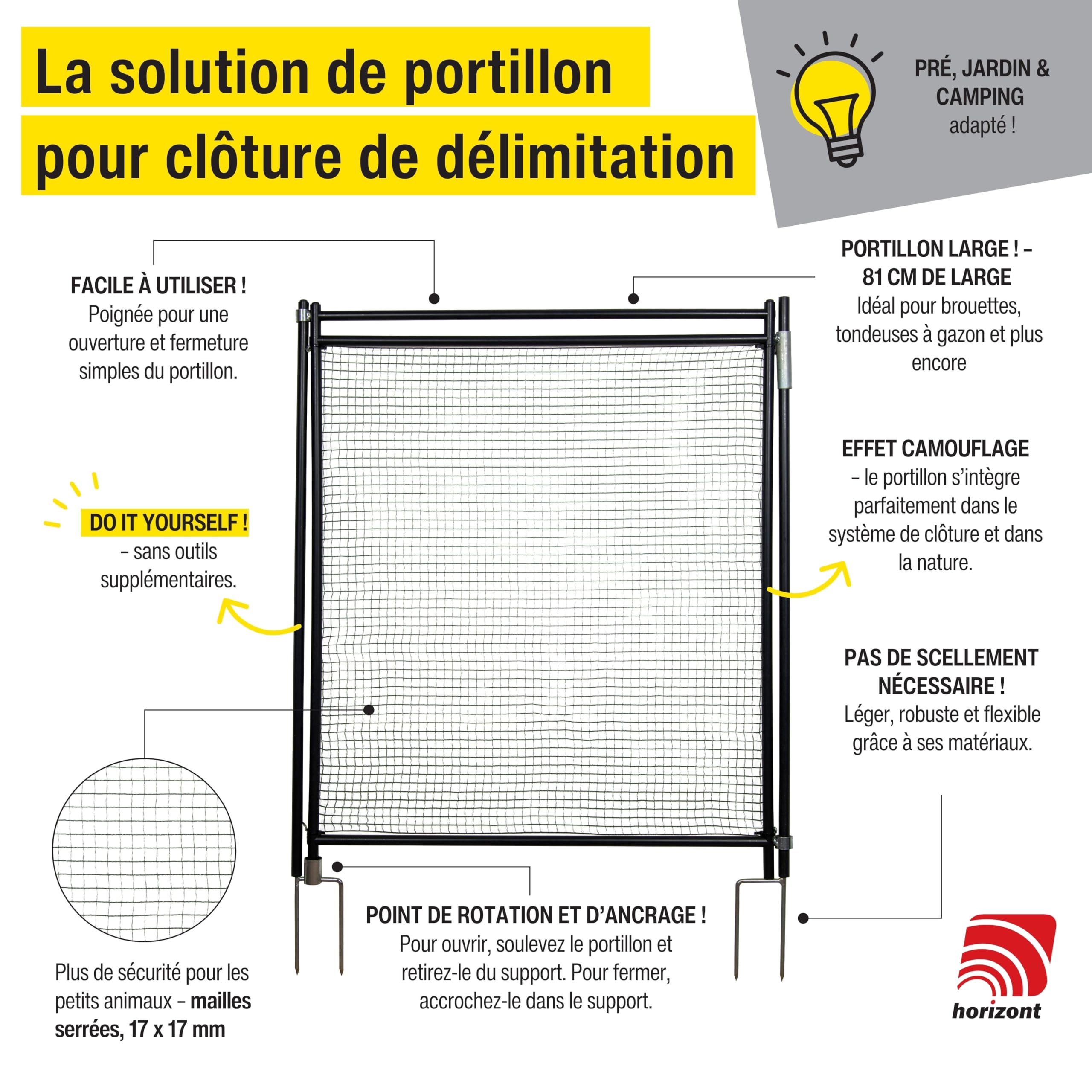 Portillon de clôture horizont 90–105 cm sans électricité – porte de clôture de jardin pour filets, idéal camping, jardin et enclos