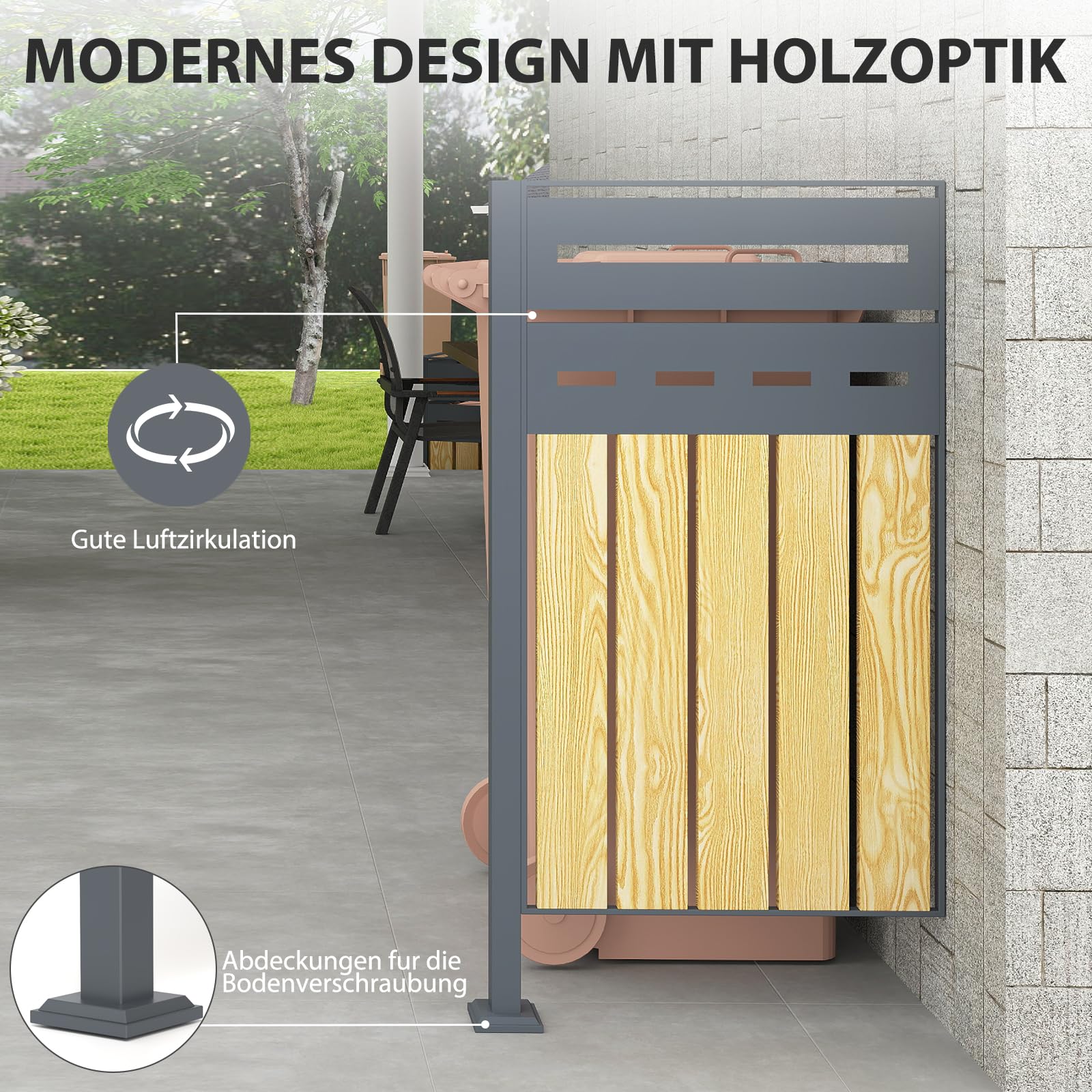 Mülltonnenzaun, Erweiterungsmodul Mülltonnenbox für 60-240L Mülltonnen, Mülltonnenverkleidung mit Sichtschutz, 80x150x5cm für 1 Mülltonne, Holzoptik
