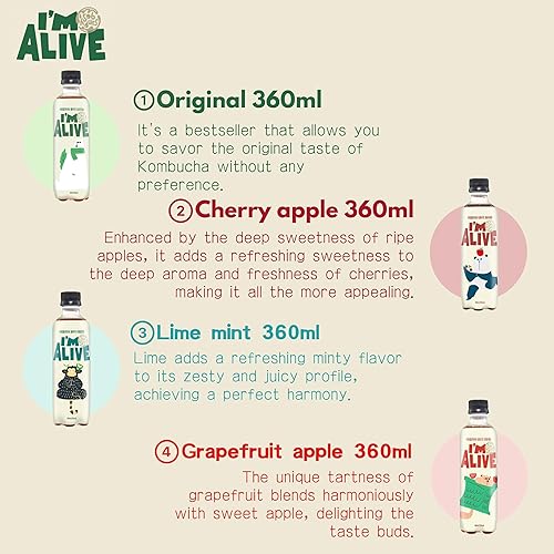 Miniatura 3 de Kombucha Tea Organic Drink I'm Alive - Combo de variedad de 4 sabores - Liso, pomelo, lima, cereza - Total de 4 botellas (1 botella cada una) -