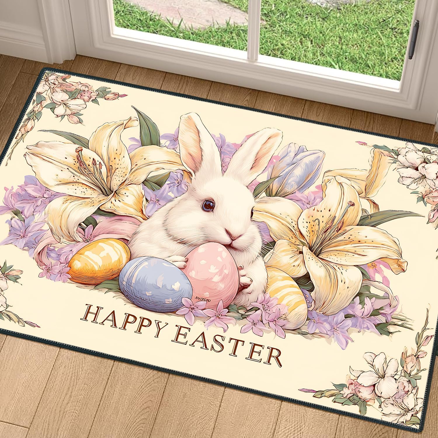 2x3FT Area Rug Vintage Easter Bunny Lily Floral Indoor Entryway Rug, Washable Non Slip Front Door Rugs for Hallway Foyer